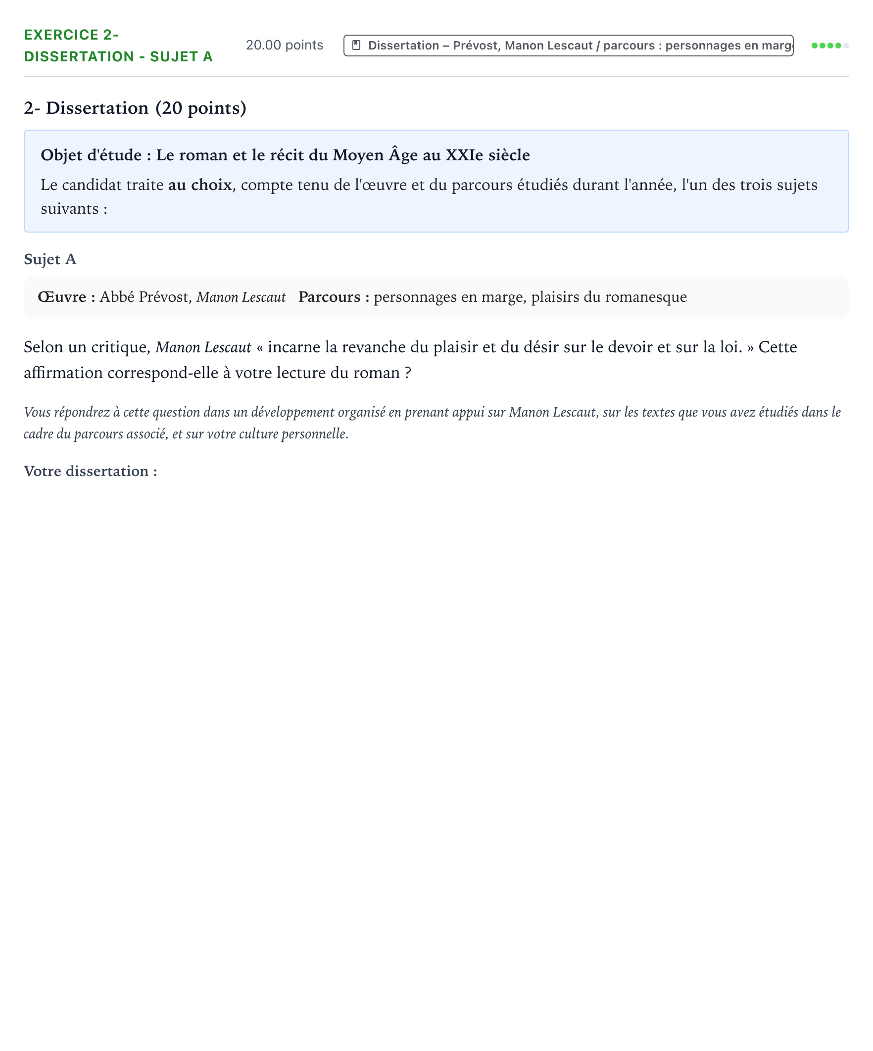 Énoncé: Exercice 2- Dissertation - Sujet A · Bac Français (1ère) Métropole Secours 2025