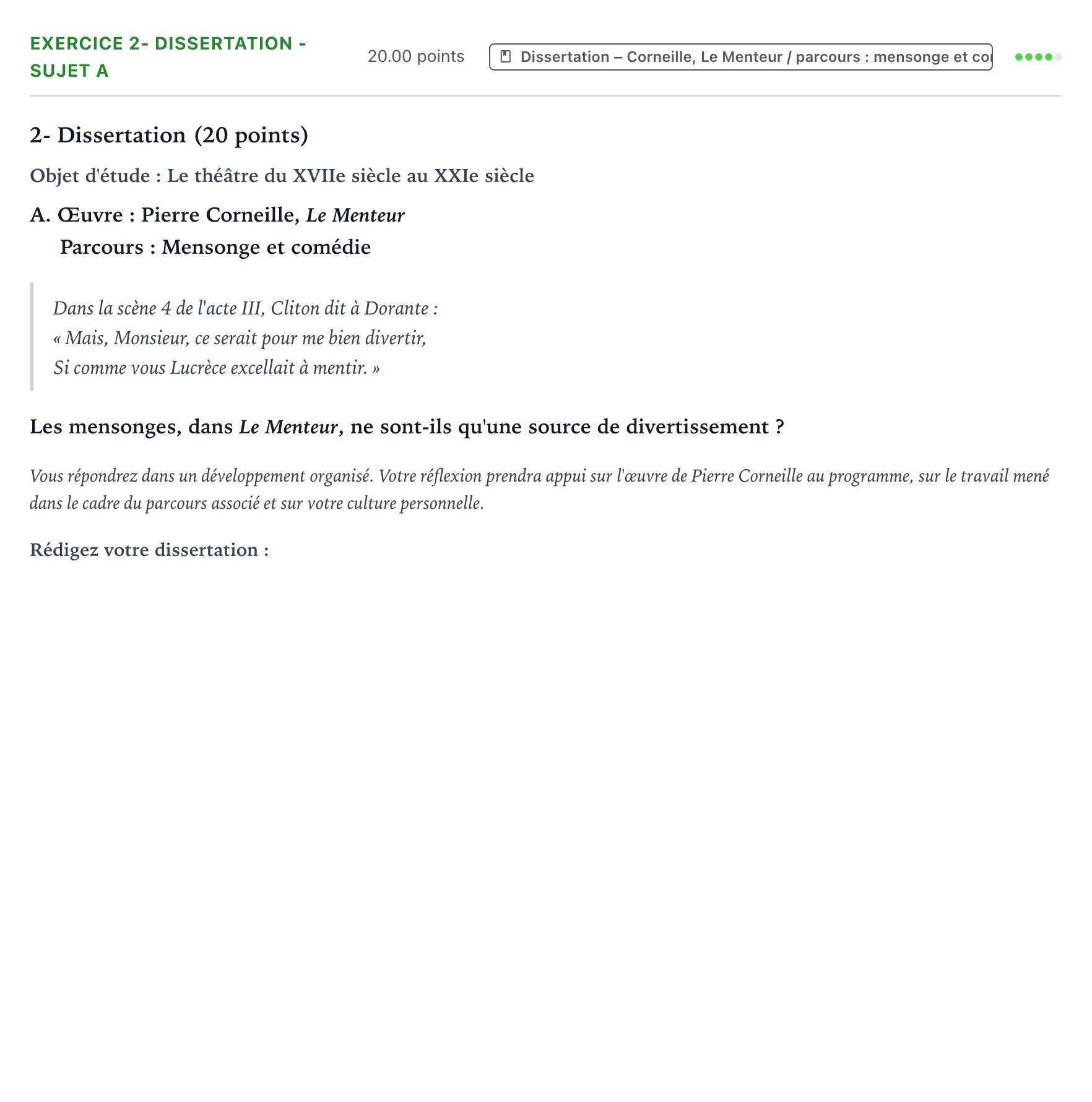 Énoncé: Exercice 2- Dissertation - Sujet A · Bac Français (1ère) Polynésie remplacement 2025
