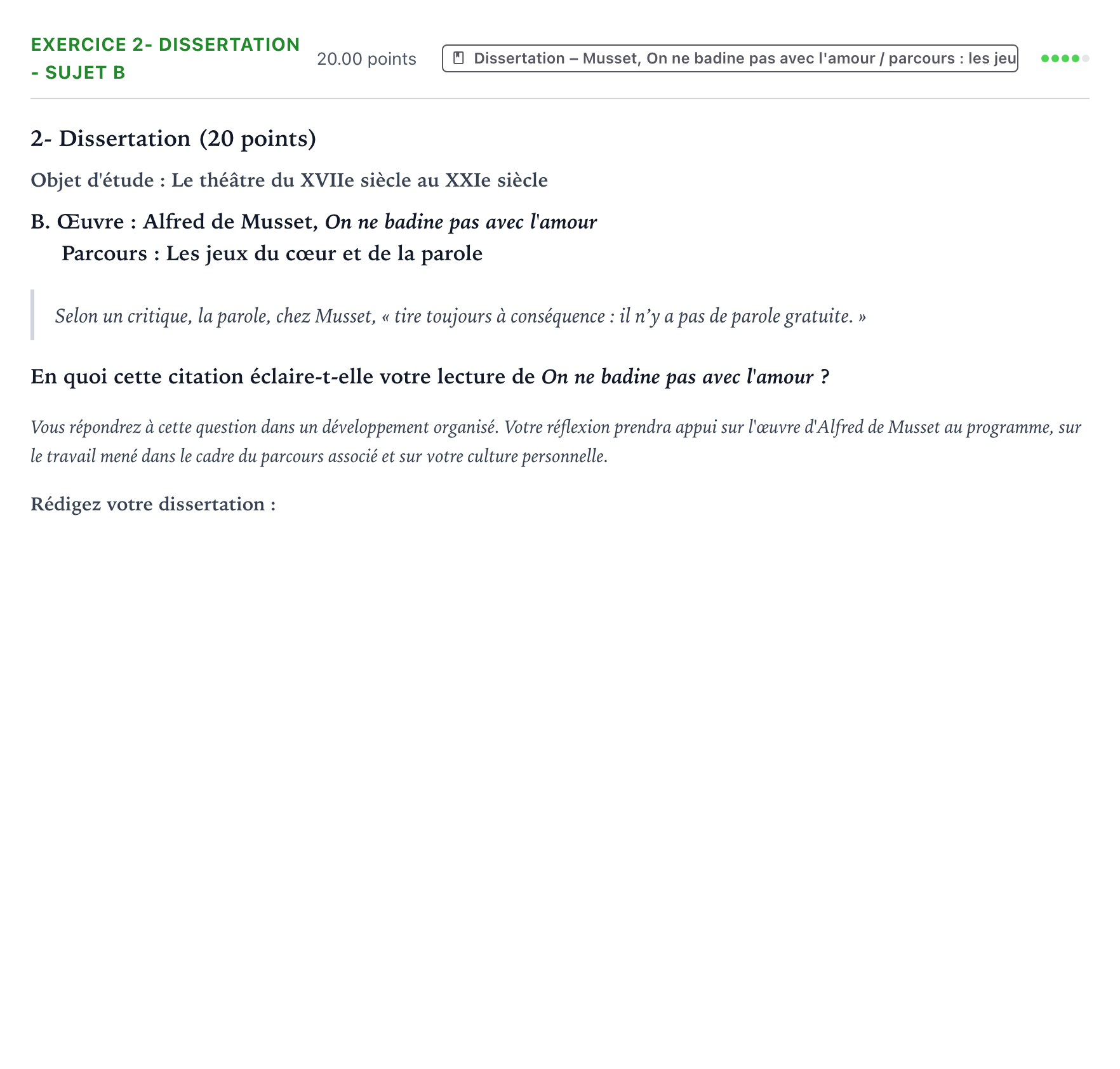 Énoncé: Exercice 2- Dissertation - Sujet B · Bac Français (1ère) Polynésie remplacement 2025