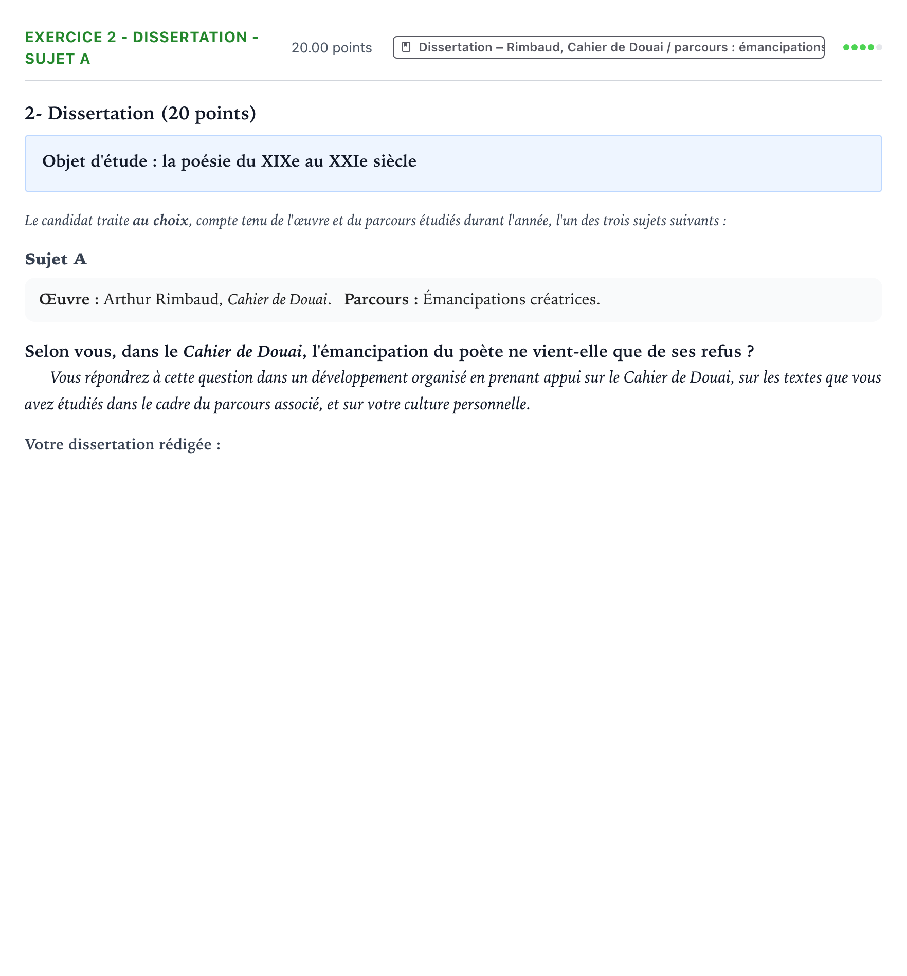 Énoncé: Exercice 2 - Dissertation - Sujet A · Bac Français (1ère) Antilles-Guyane session normale 2026