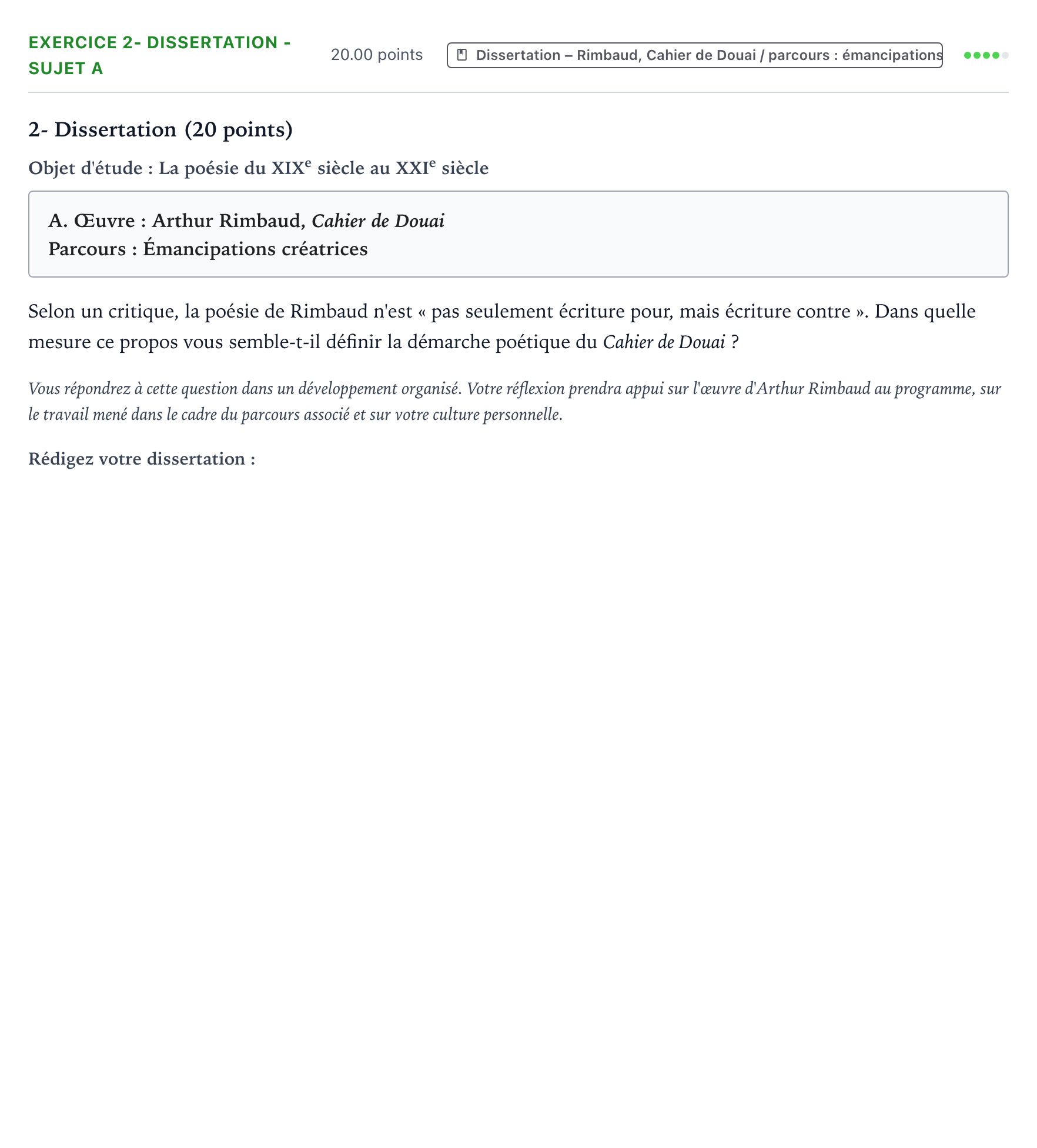 Énoncé: Exercice 2- Dissertation - Sujet A · Bac Français (1ère) Centres étrangers (Afrique) session normale 2026