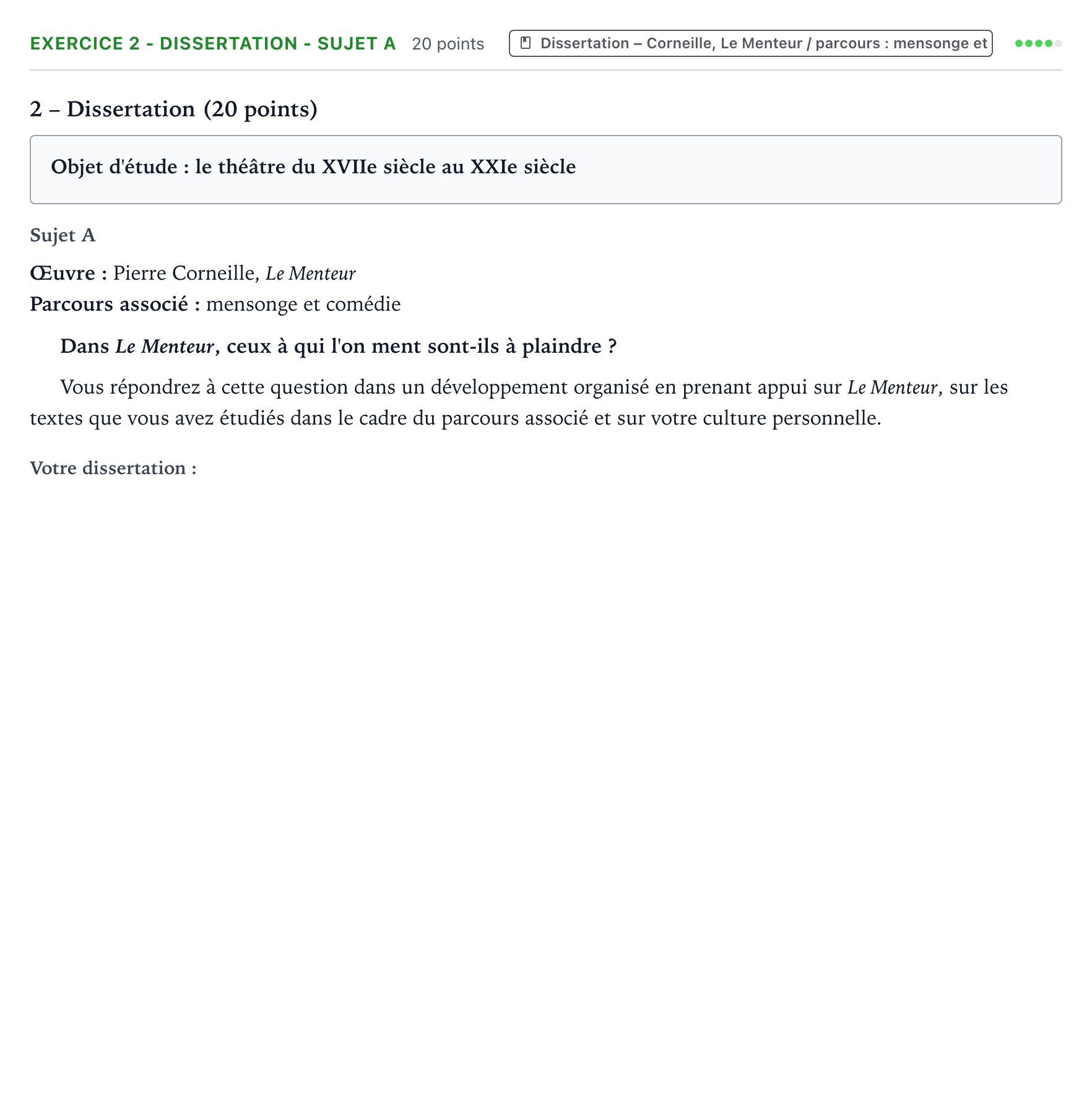 Énoncé: Exercice 2 - Dissertation - Sujet A · Bac Français (1ère) Métropole Secours 2026