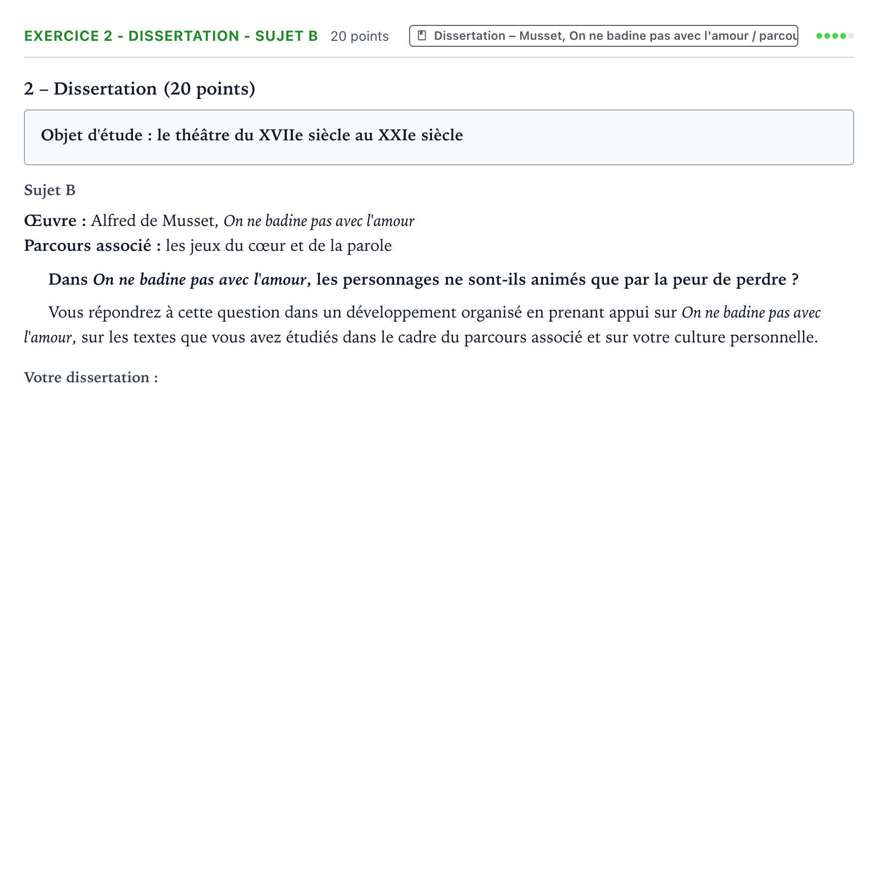Énoncé: Exercice 2 - Dissertation - Sujet B · Bac Français (1ère) Métropole Secours 2026