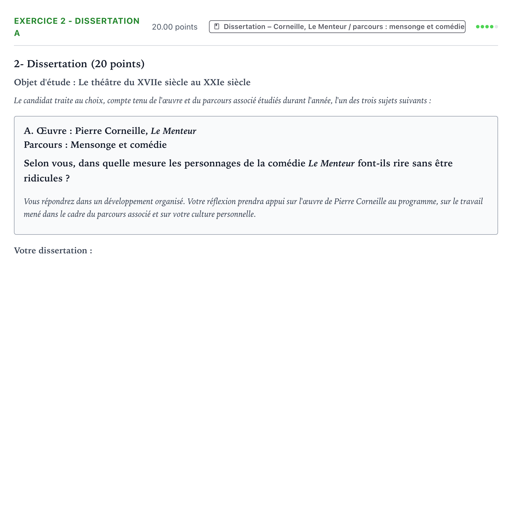 Énoncé: Exercice 2 - Dissertation A · Bac Français (1ère) Polynésie session normale 2026