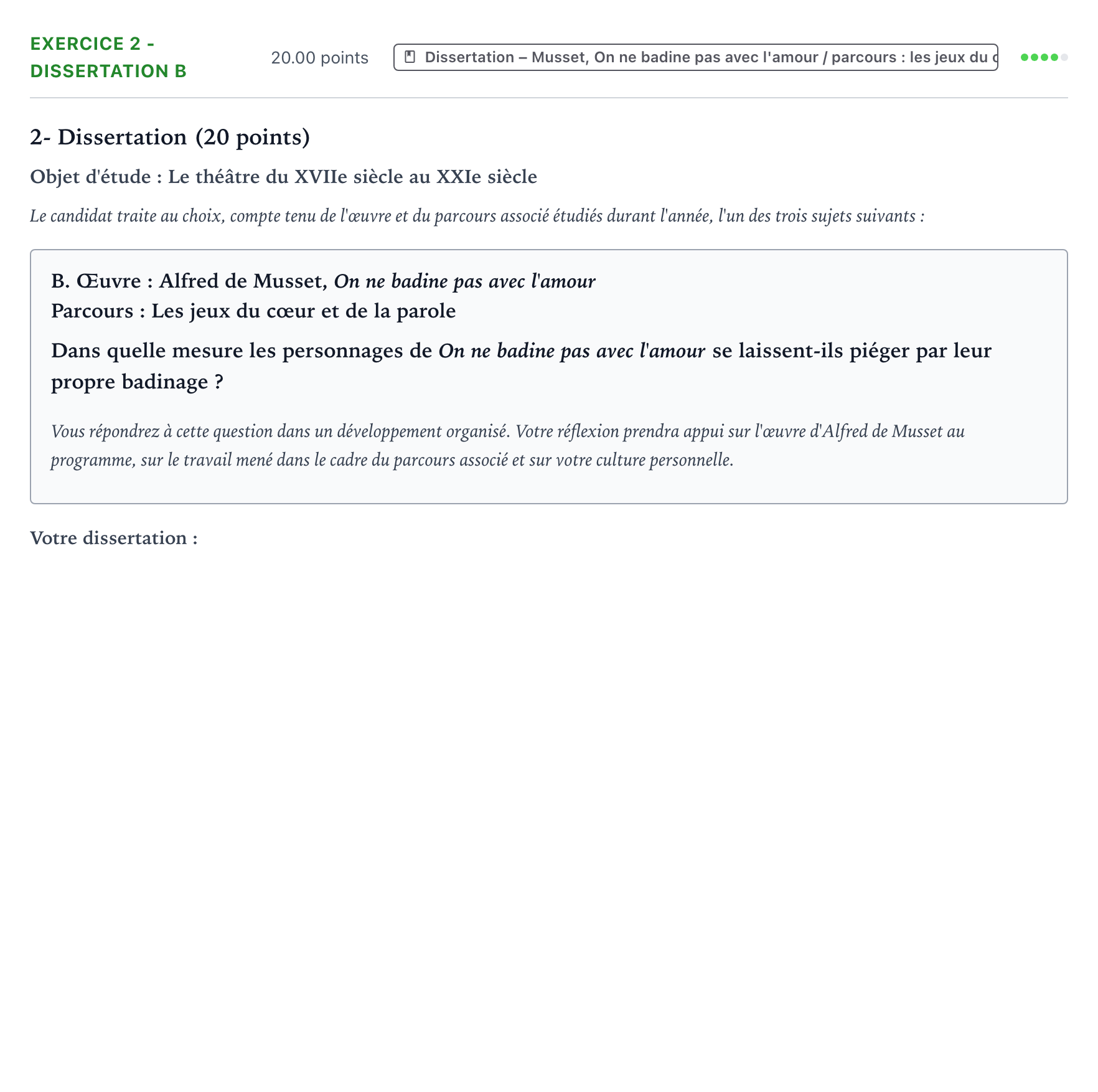 Énoncé: Exercice 2 - Dissertation B · Bac Français (1ère) Polynésie session normale 2026