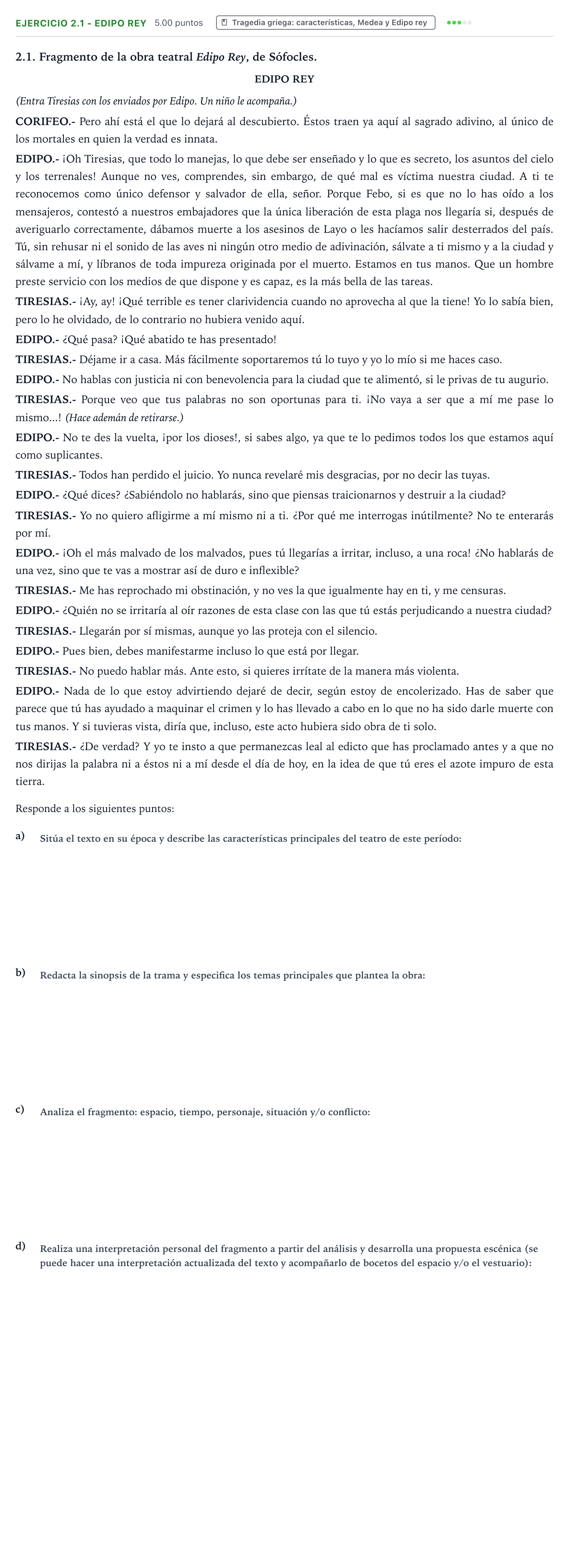 Enunciado: Ejercicio 2.1 - Edipo Rey · Artes Escénicas PAU Valencia Extraordinaria 2021