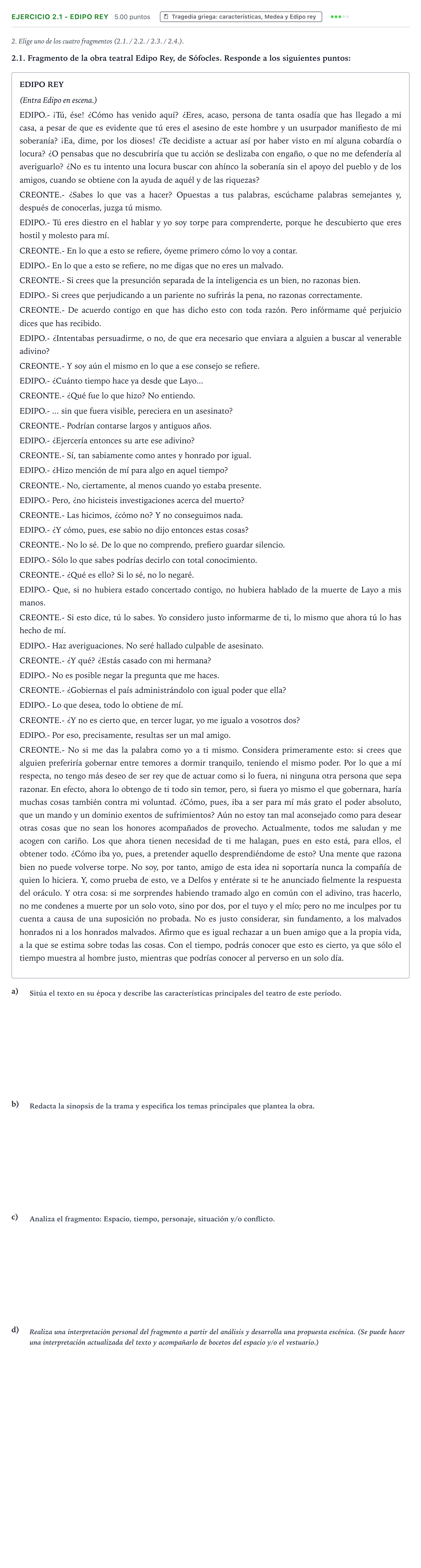 Enunciado: Ejercicio 2.1 - Edipo Rey · Artes Escénicas PAU Valencia Ordinaria 2021