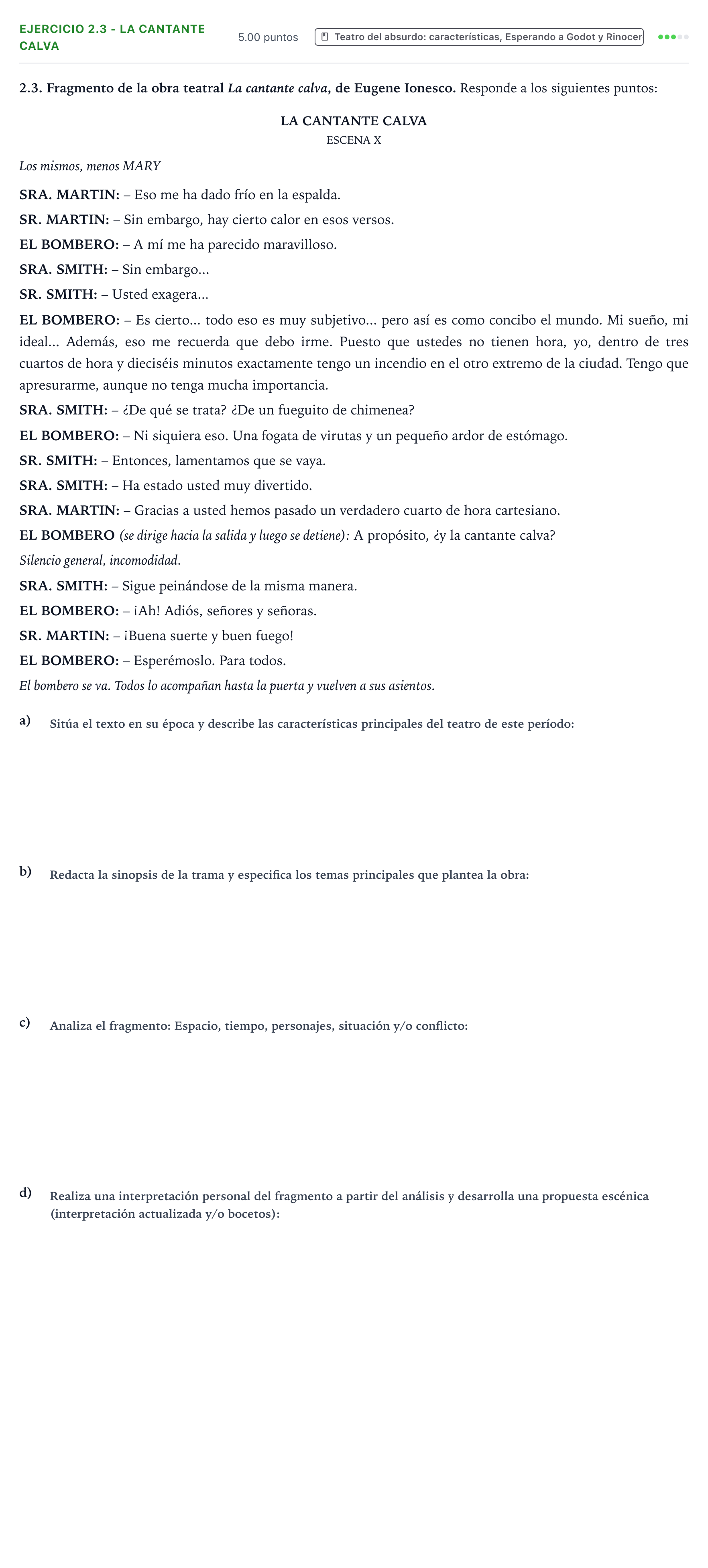 Enunciado: Ejercicio 2.3 - La cantante calva · Artes Escénicas PAU Valencia Ordinaria 2021
