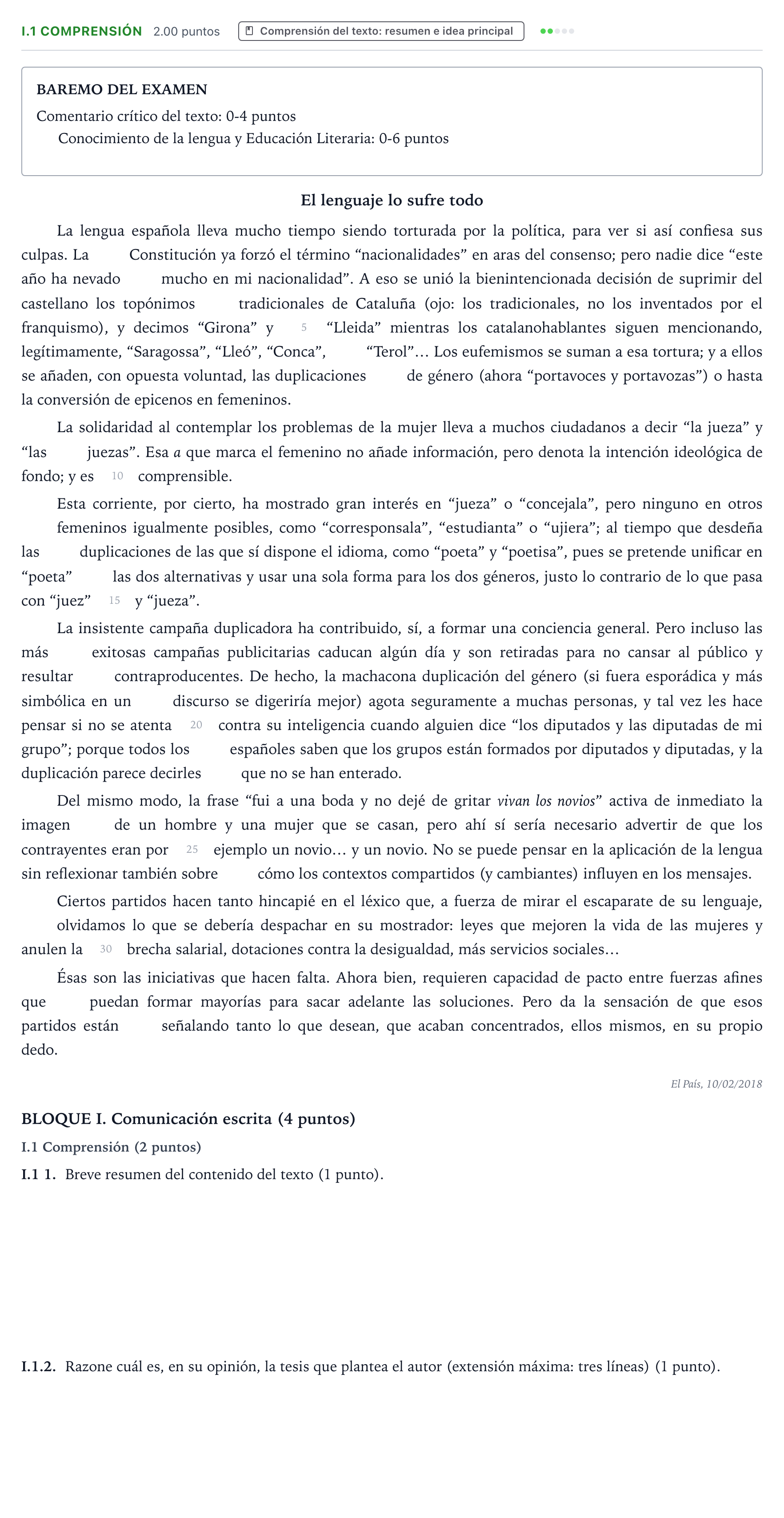 Enunciado: Ejercicio I.1 Comprensión · Lengua Castellana y Literatura II PAU Valencia Extraordinaria 2021