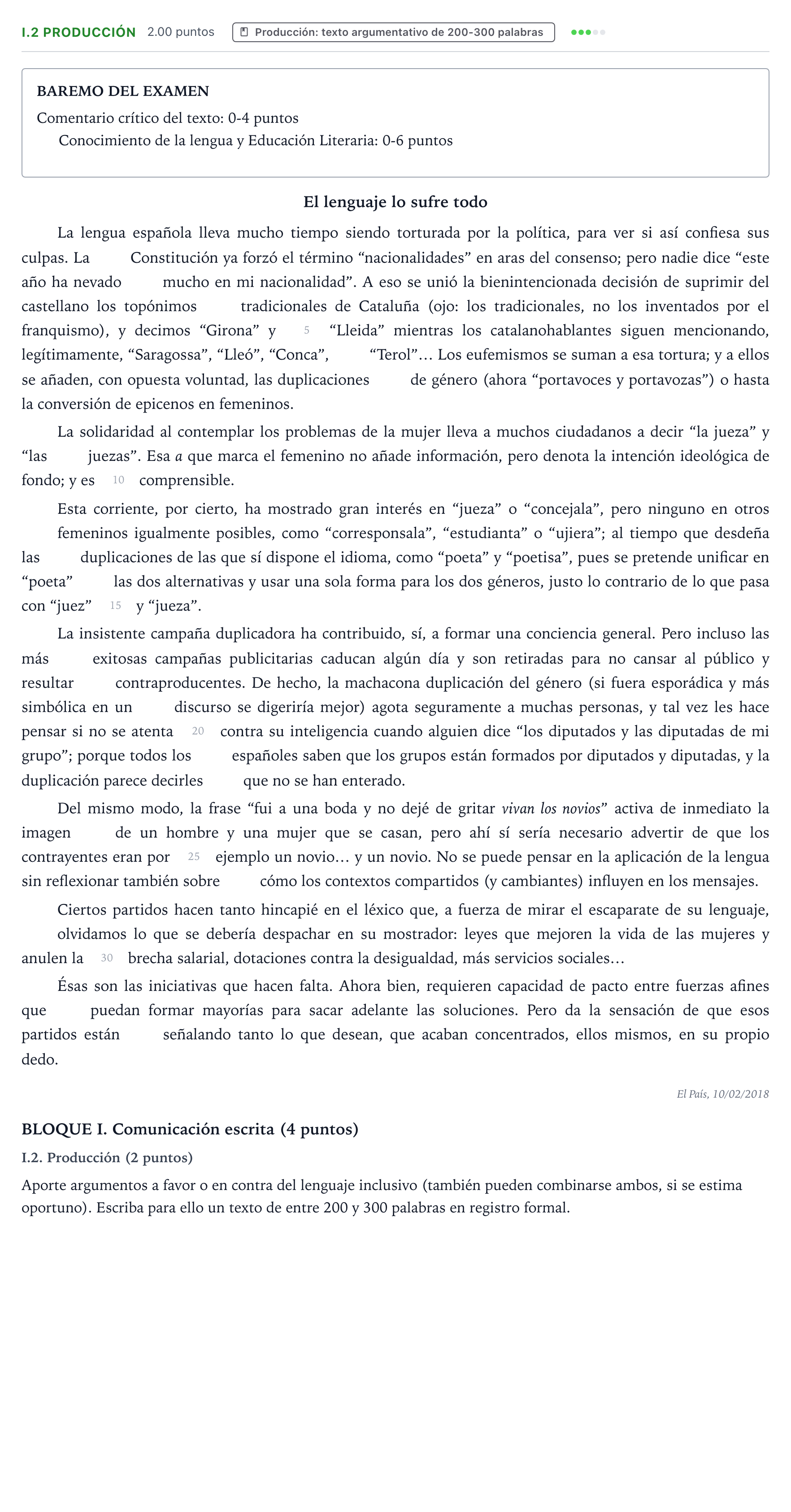 Enunciado: Ejercicio I.2 Producción · Lengua Castellana y Literatura II PAU Valencia Extraordinaria 2021