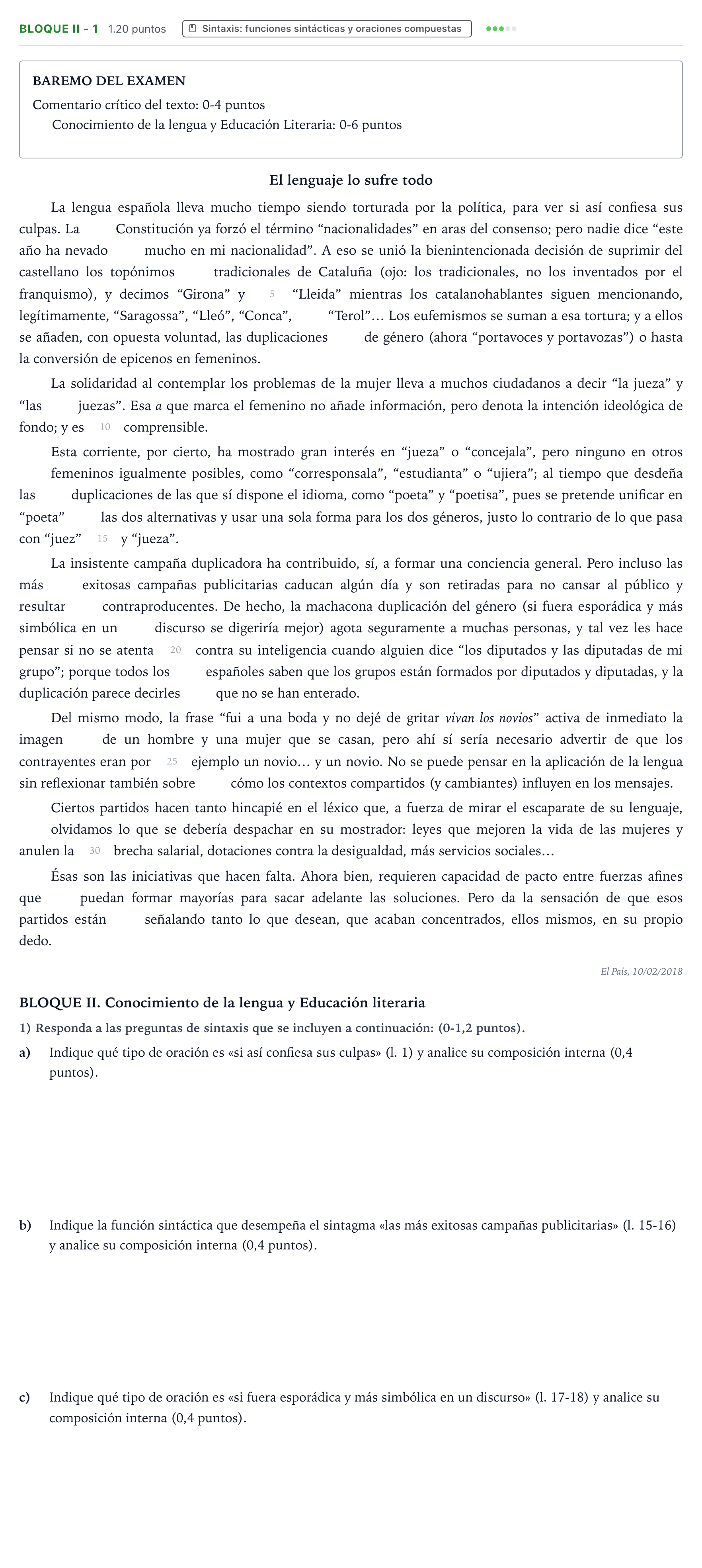 Enunciado: Bloque II - 1 · Lengua Castellana y Literatura II PAU Valencia Extraordinaria 2021