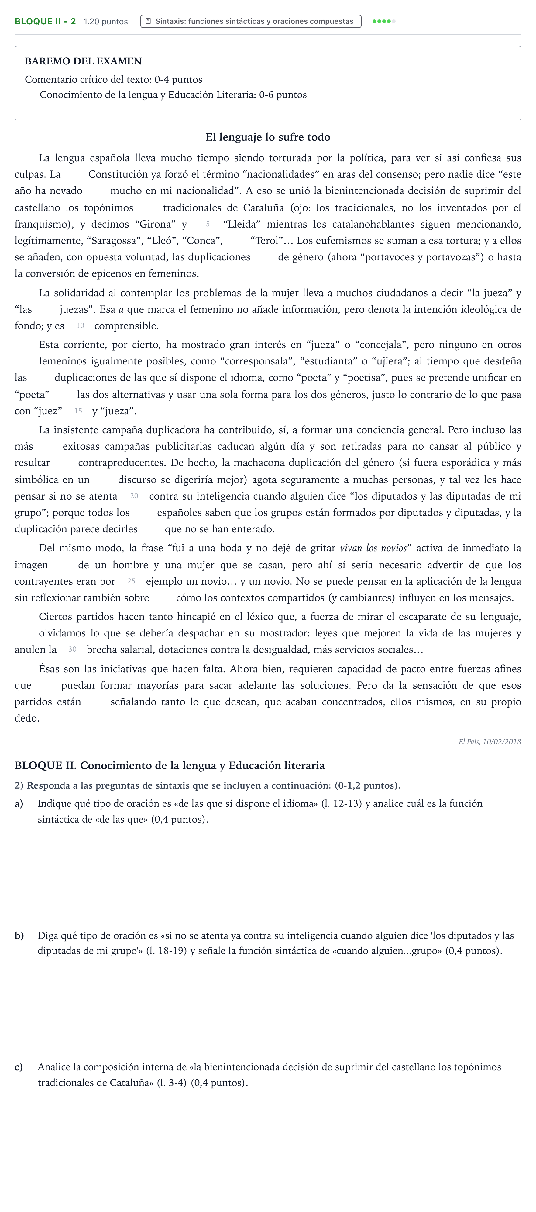 Enunciado: Bloque II - 2 · Lengua Castellana y Literatura II PAU Valencia Extraordinaria 2021