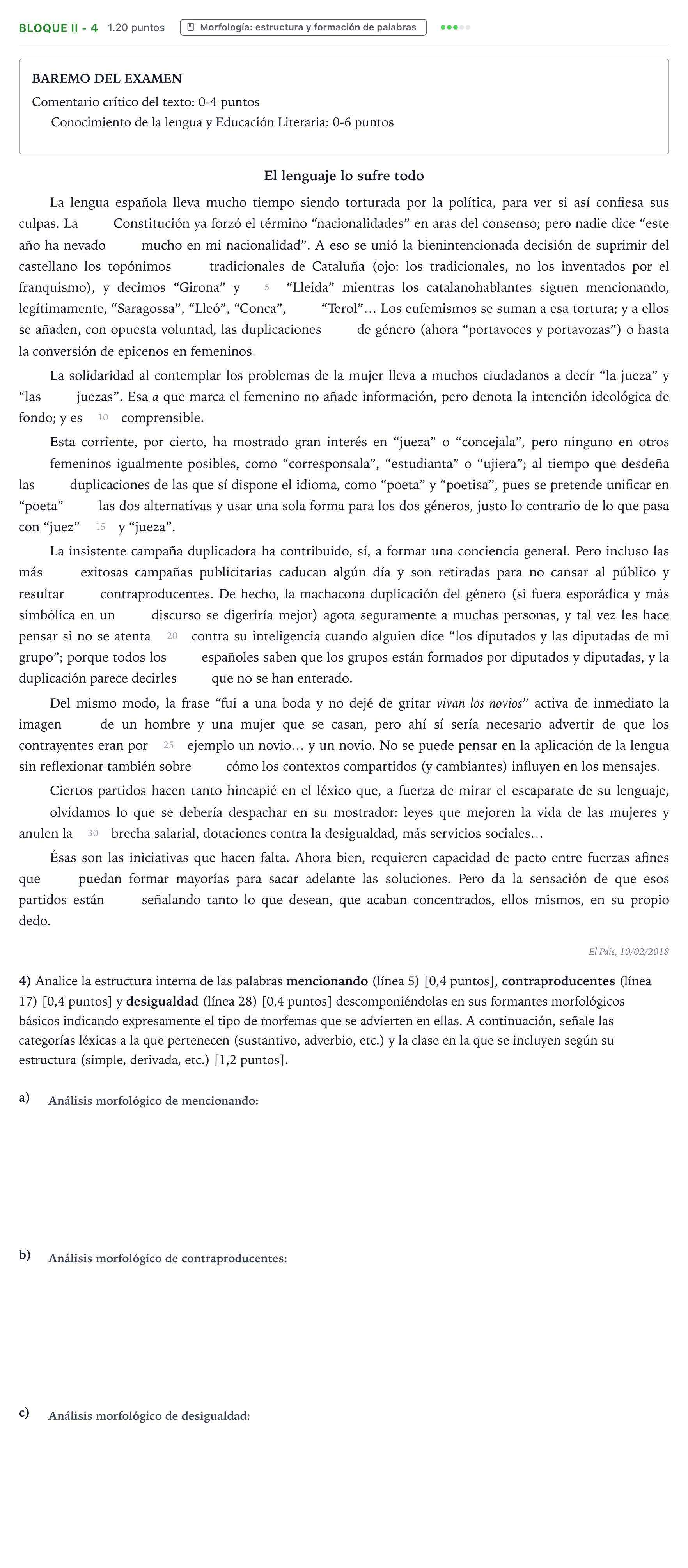 Enunciado: Bloque II - 4 · Lengua Castellana y Literatura II PAU Valencia Extraordinaria 2021