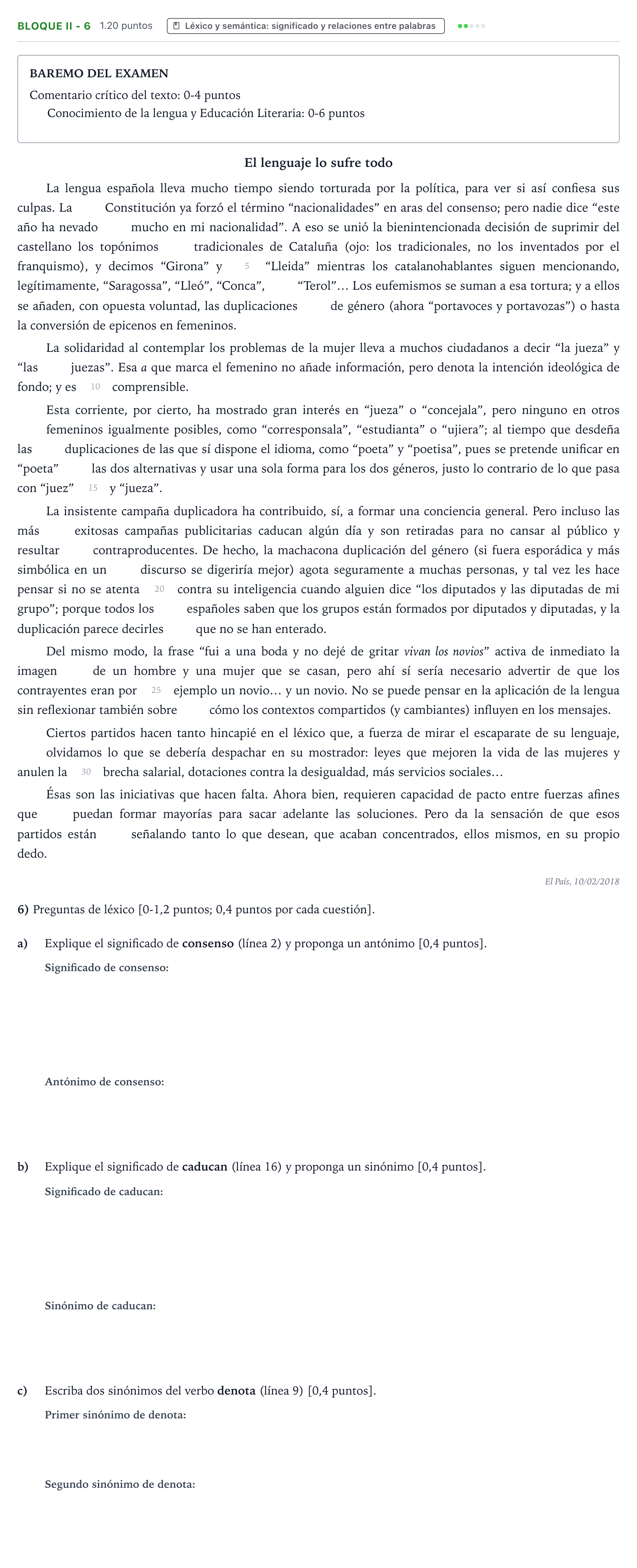 Enunciado: Bloque II - 6 · Lengua Castellana y Literatura II PAU Valencia Extraordinaria 2021