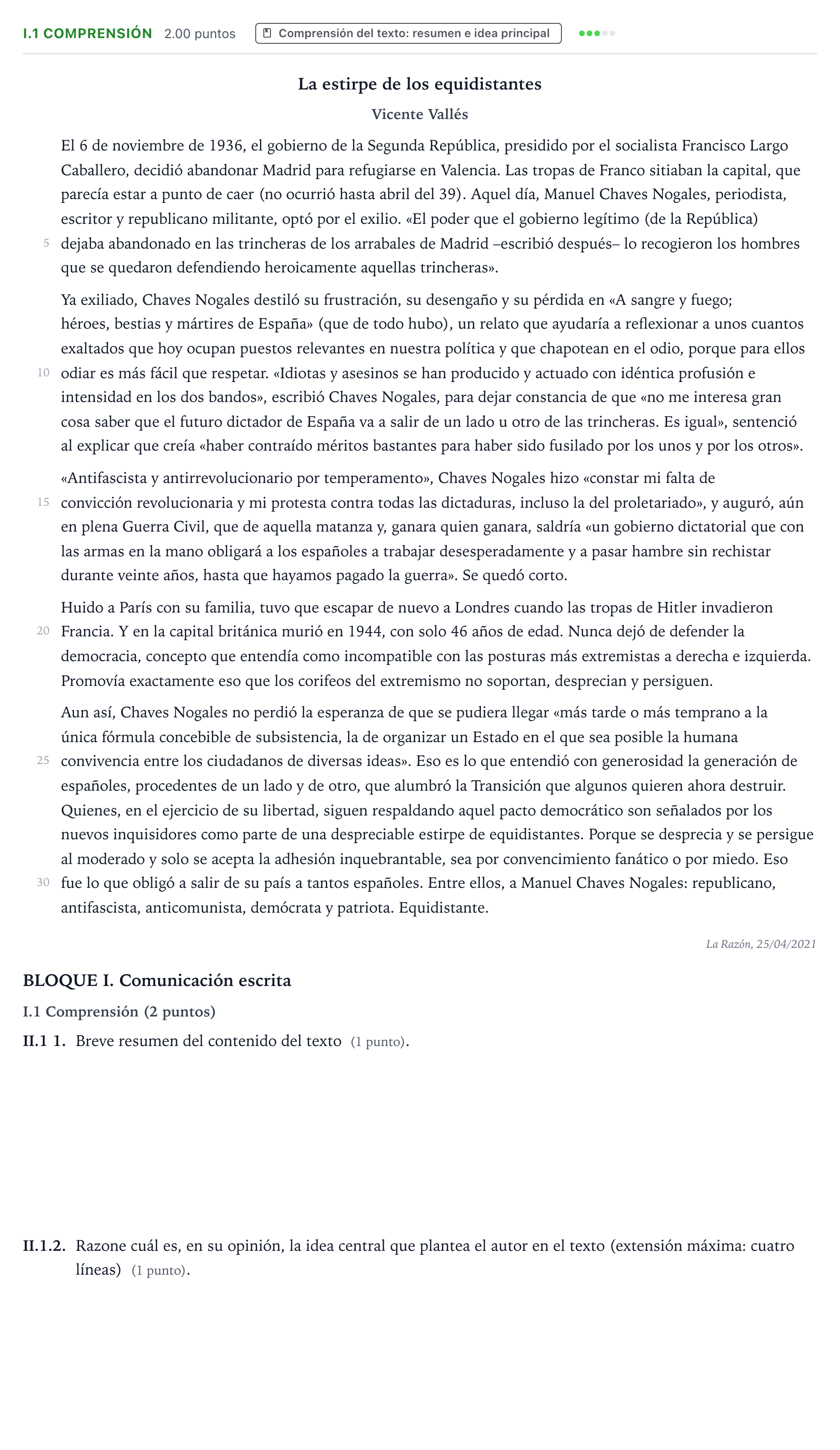 Enunciado: Ejercicio I.1 Comprensión · Lengua Castellana y Literatura II PAU Valencia Ordinaria 2021