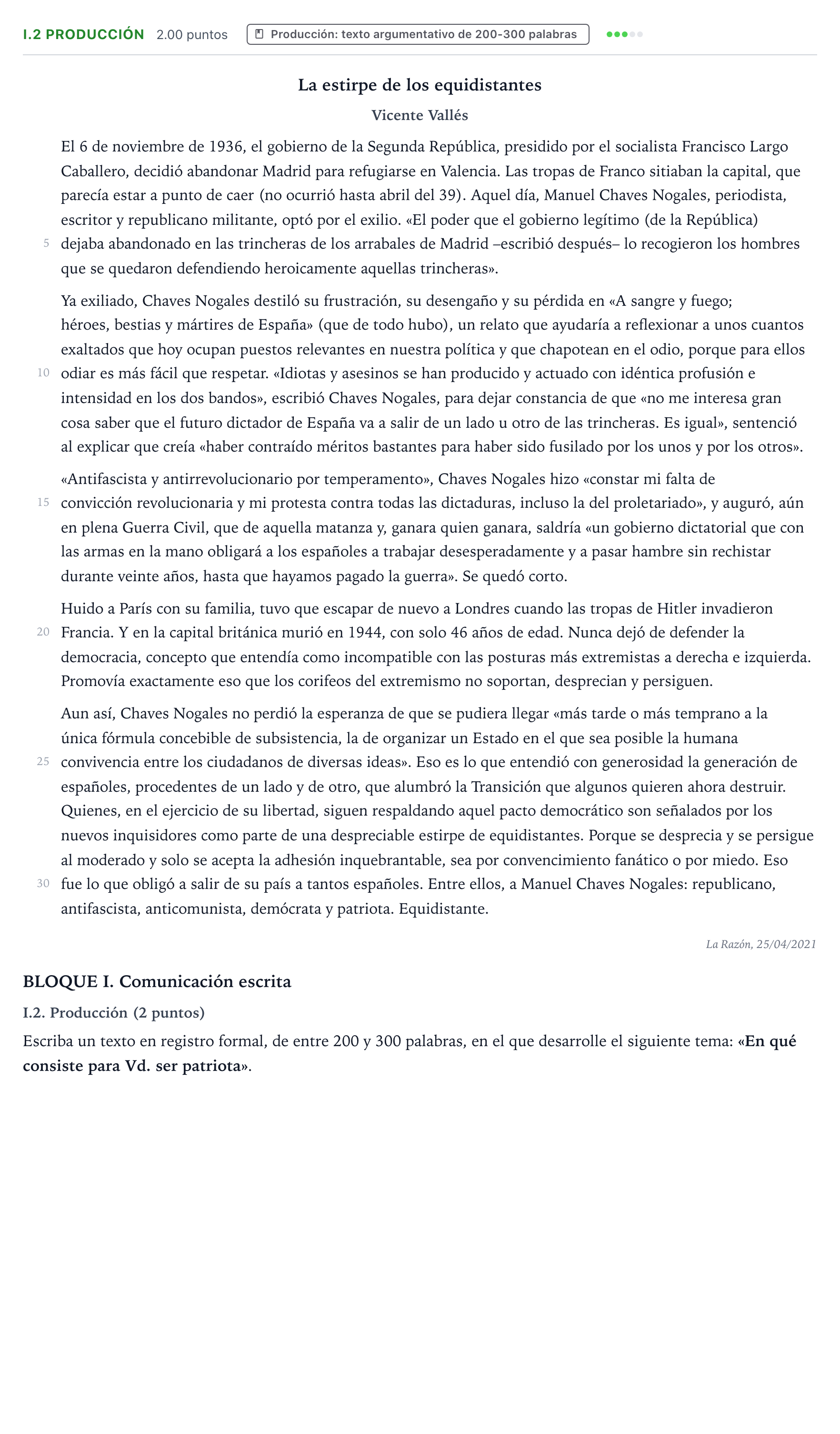 Enunciado: Ejercicio I.2 Producción · Lengua Castellana y Literatura II PAU Valencia Ordinaria 2021