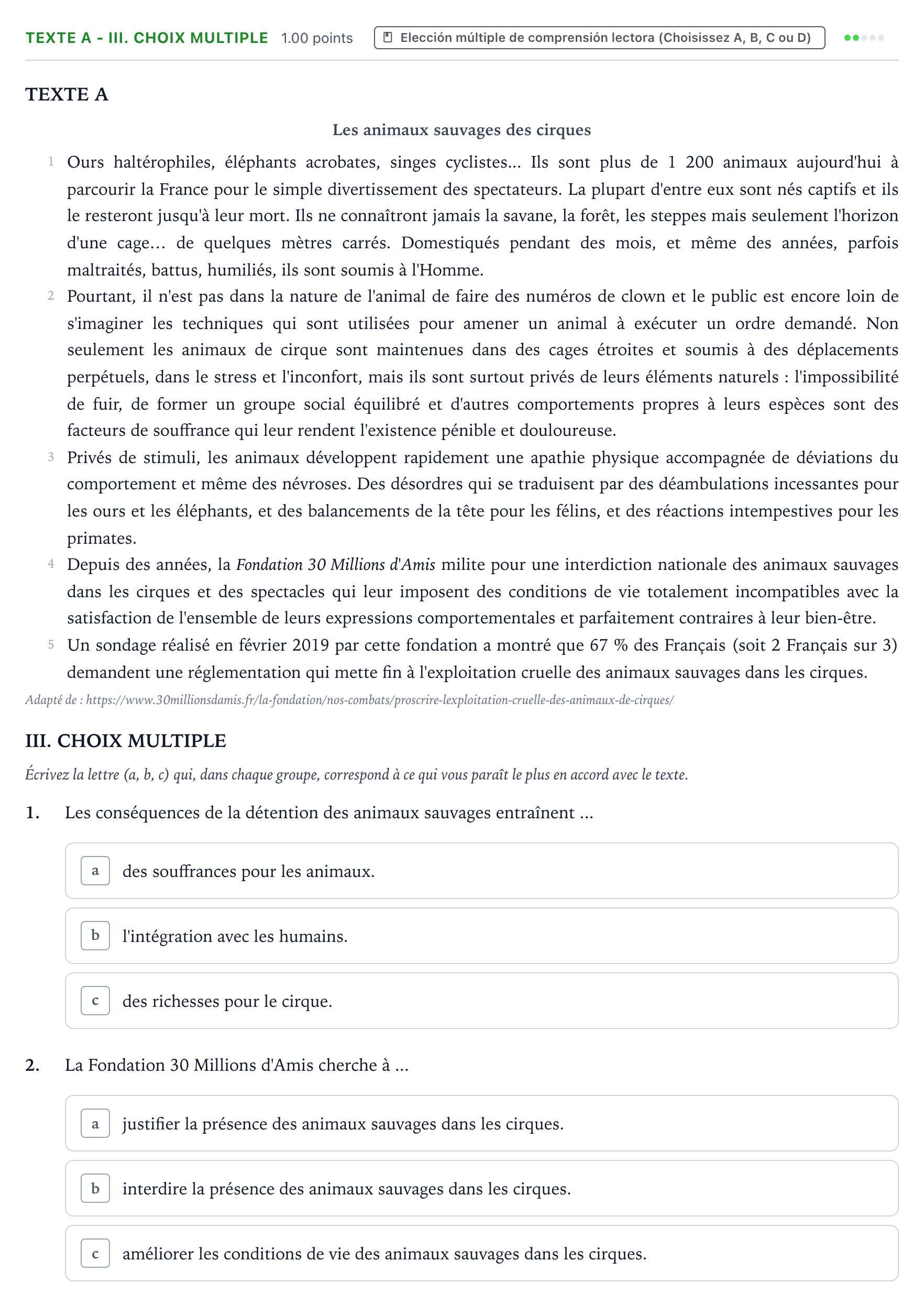 Enunciado: Ejercicio Texte A - III. Choix multiple · Francés PAU Valencia Extraordinaria 2021