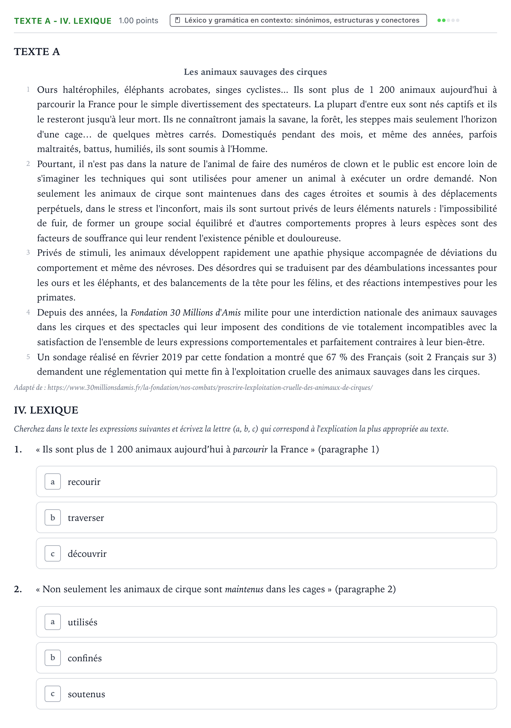 Enunciado: Ejercicio Texte A - IV. Lexique · Francés PAU Valencia Extraordinaria 2021