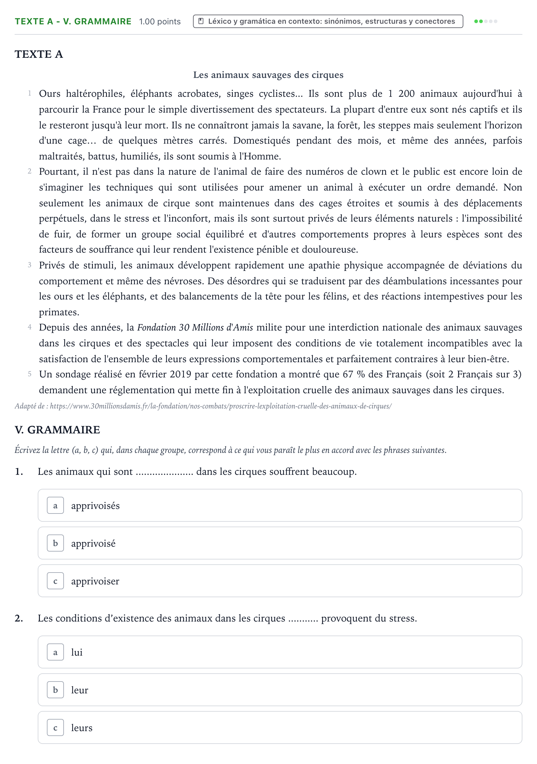 Enunciado: Ejercicio Texte A - V. Grammaire · Francés PAU Valencia Extraordinaria 2021