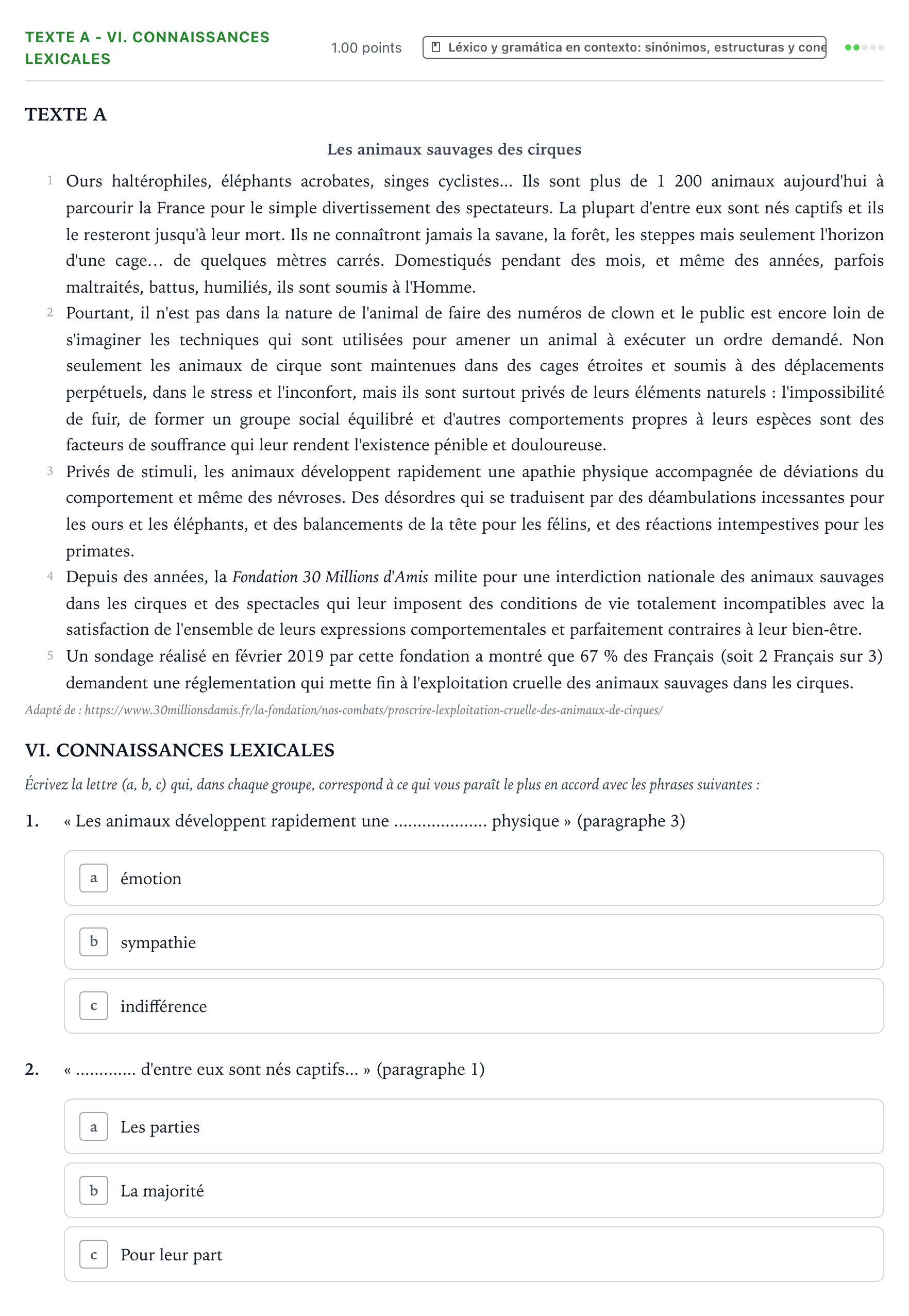 Enunciado: Ejercicio Texte A - VI. Connaissances lexicales · Francés PAU Valencia Extraordinaria 2021