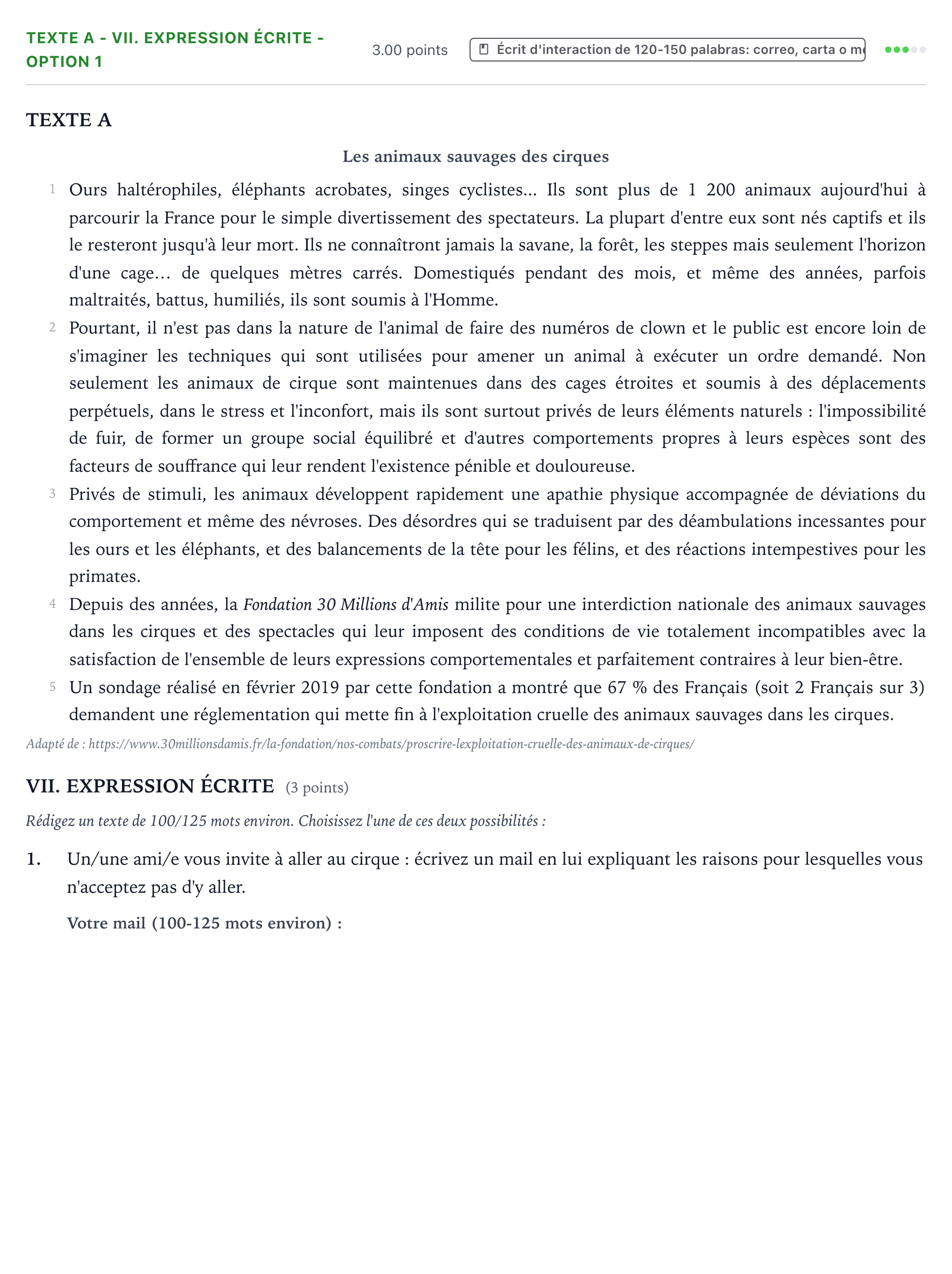 Enunciado: Ejercicio Texte A - VII. Expression écrite - Option 1 · Francés PAU Valencia Extraordinaria 2021