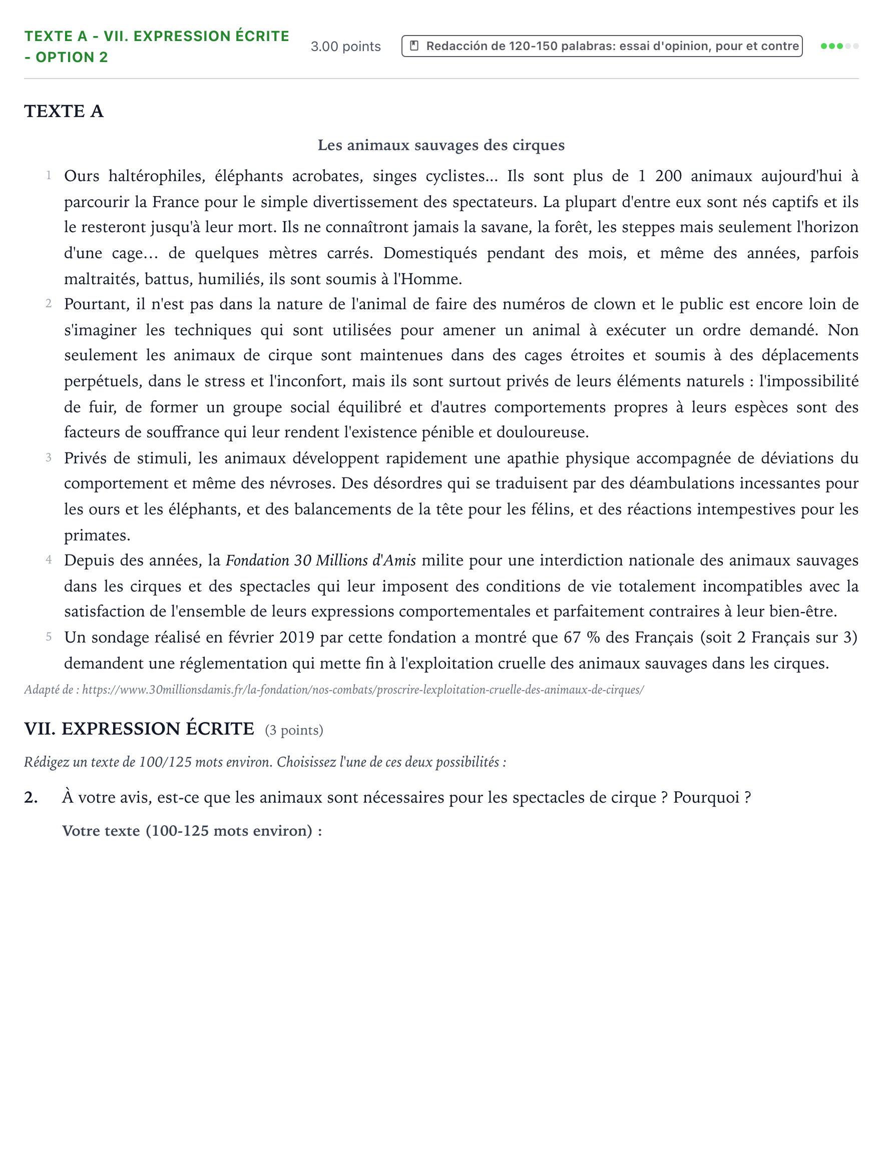 Enunciado: Ejercicio Texte A - VII. Expression écrite - Option 2 · Francés PAU Valencia Extraordinaria 2021