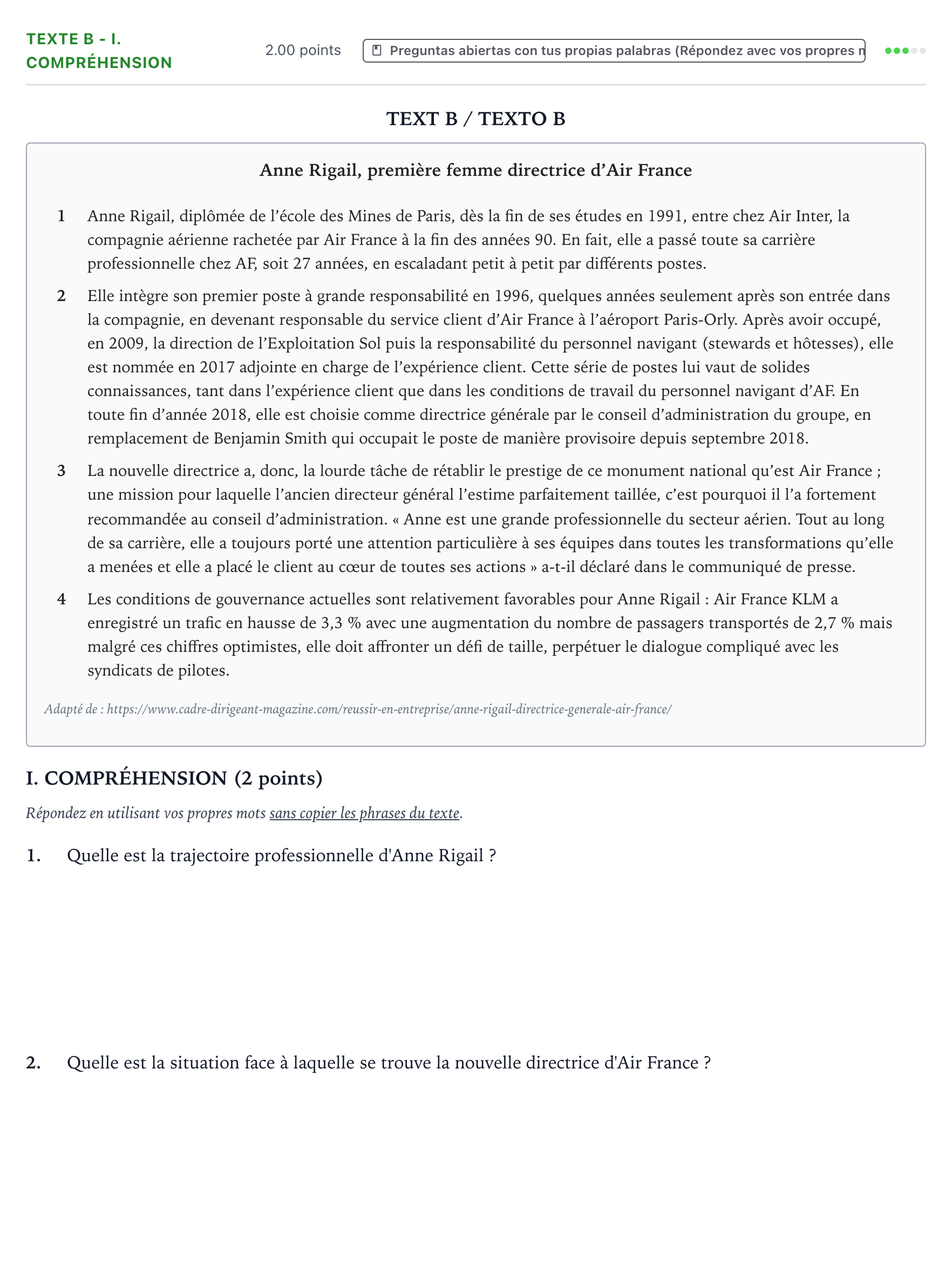 Enunciado: Ejercicio Texte B - I. Compréhension · Francés PAU Valencia Extraordinaria 2021