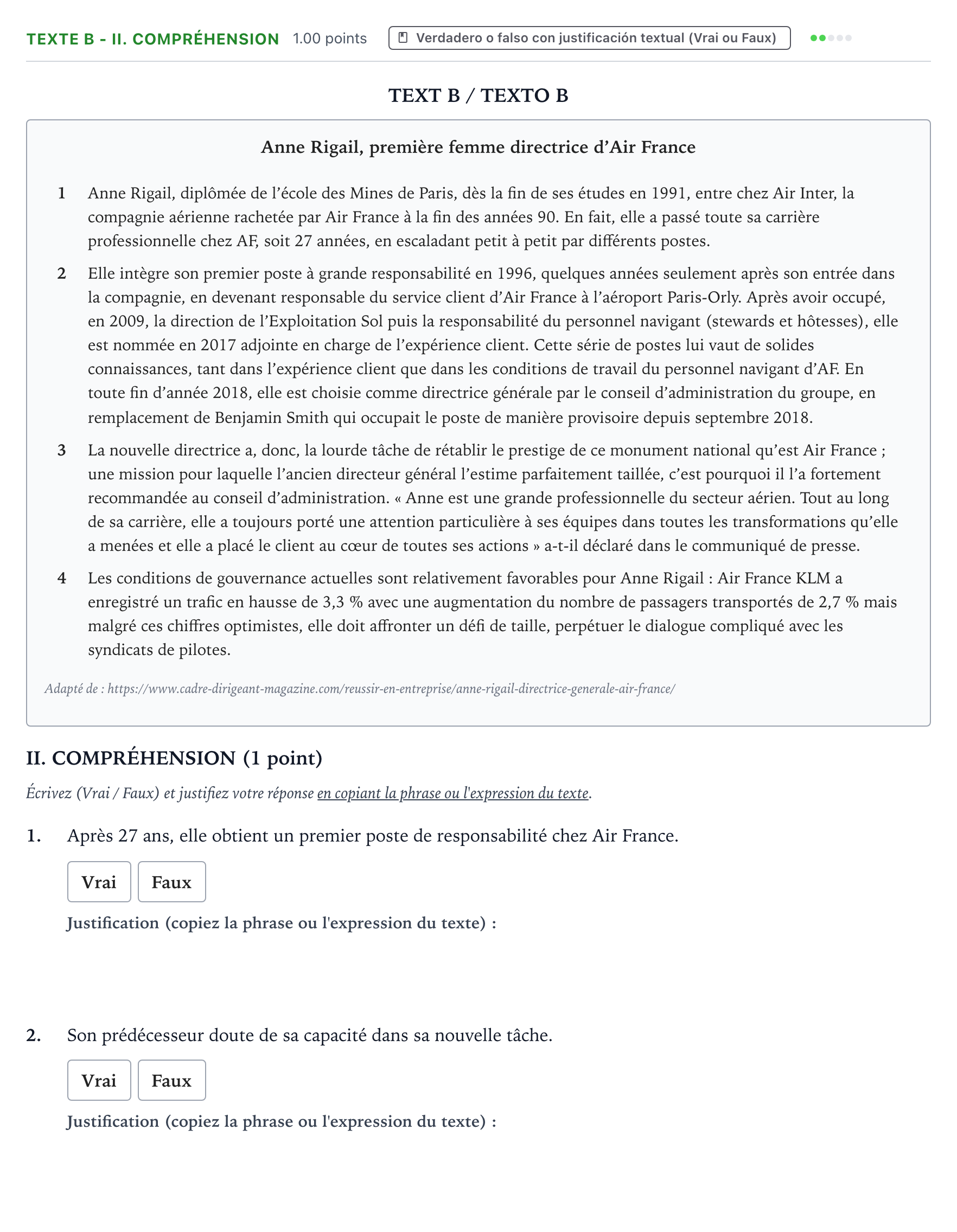 Enunciado: Ejercicio Texte B - II. Compréhension · Francés PAU Valencia Extraordinaria 2021