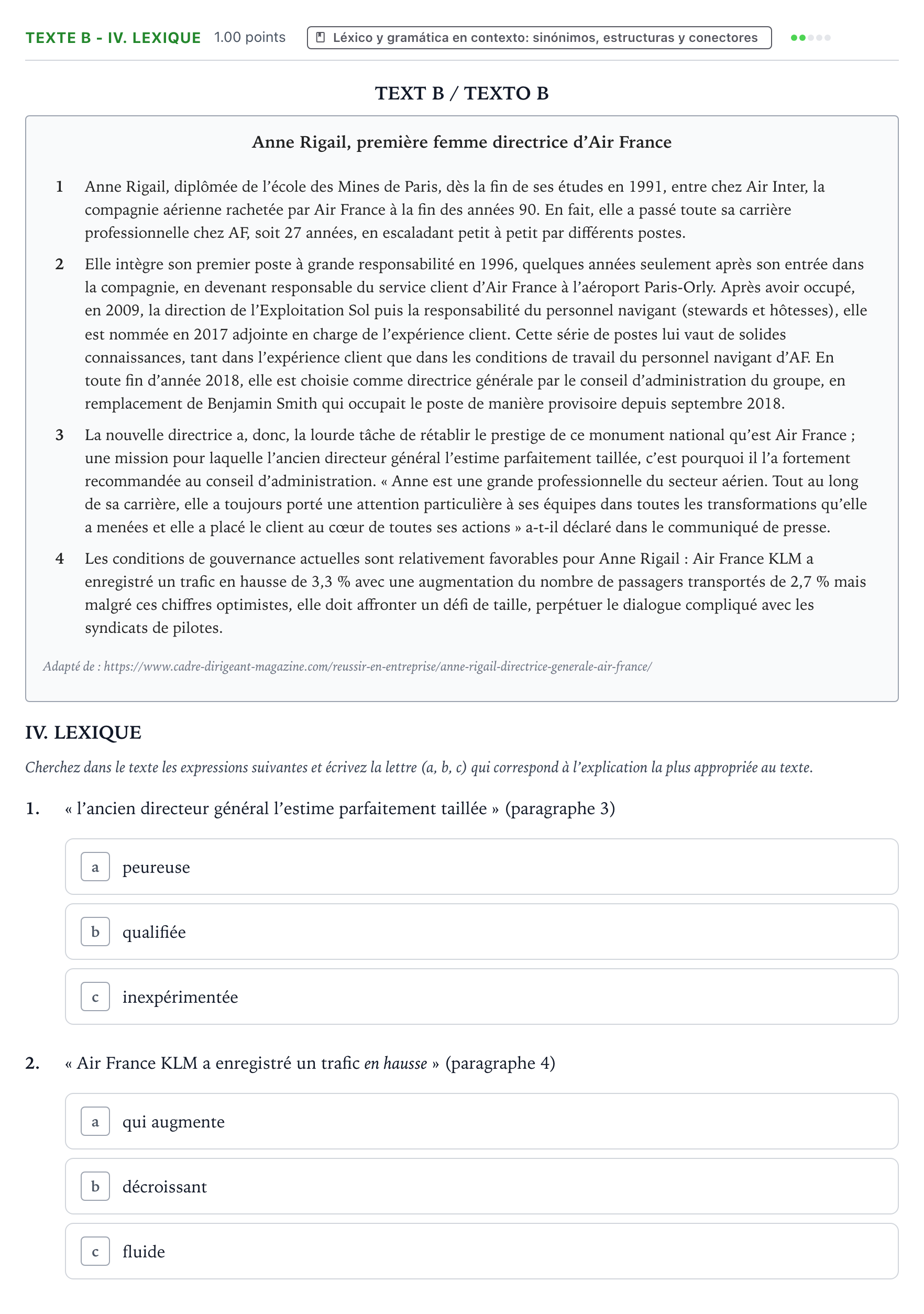 Enunciado: Ejercicio Texte B - IV. Lexique · Francés PAU Valencia Extraordinaria 2021