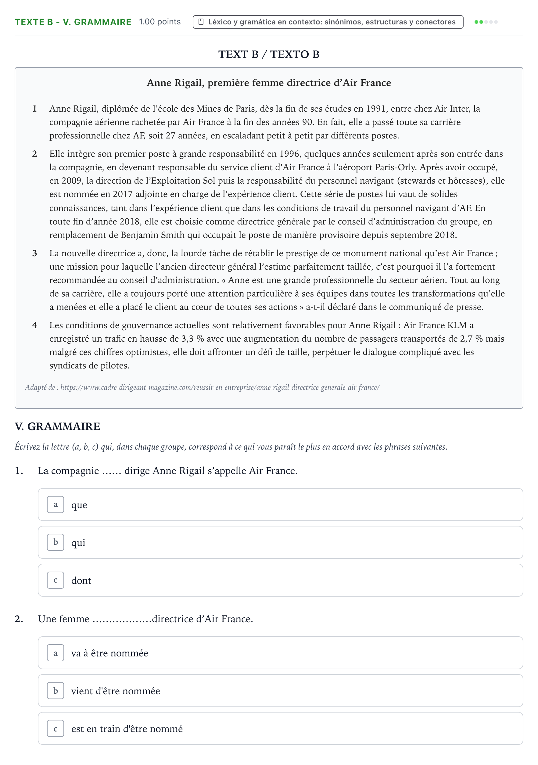 Enunciado: Ejercicio Texte B - V. Grammaire · Francés PAU Valencia Extraordinaria 2021