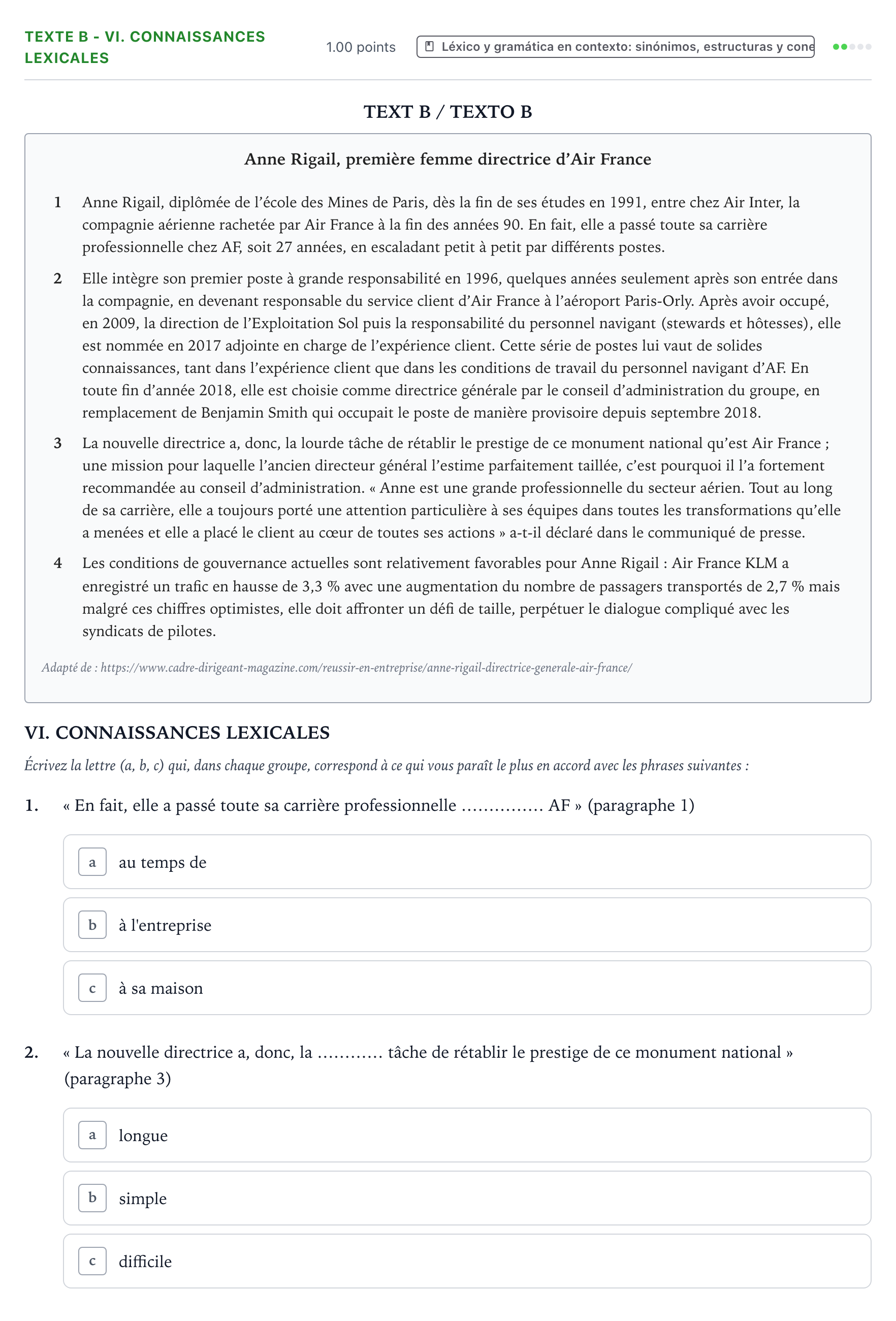 Enunciado: Ejercicio Texte B - VI. Connaissances lexicales · Francés PAU Valencia Extraordinaria 2021