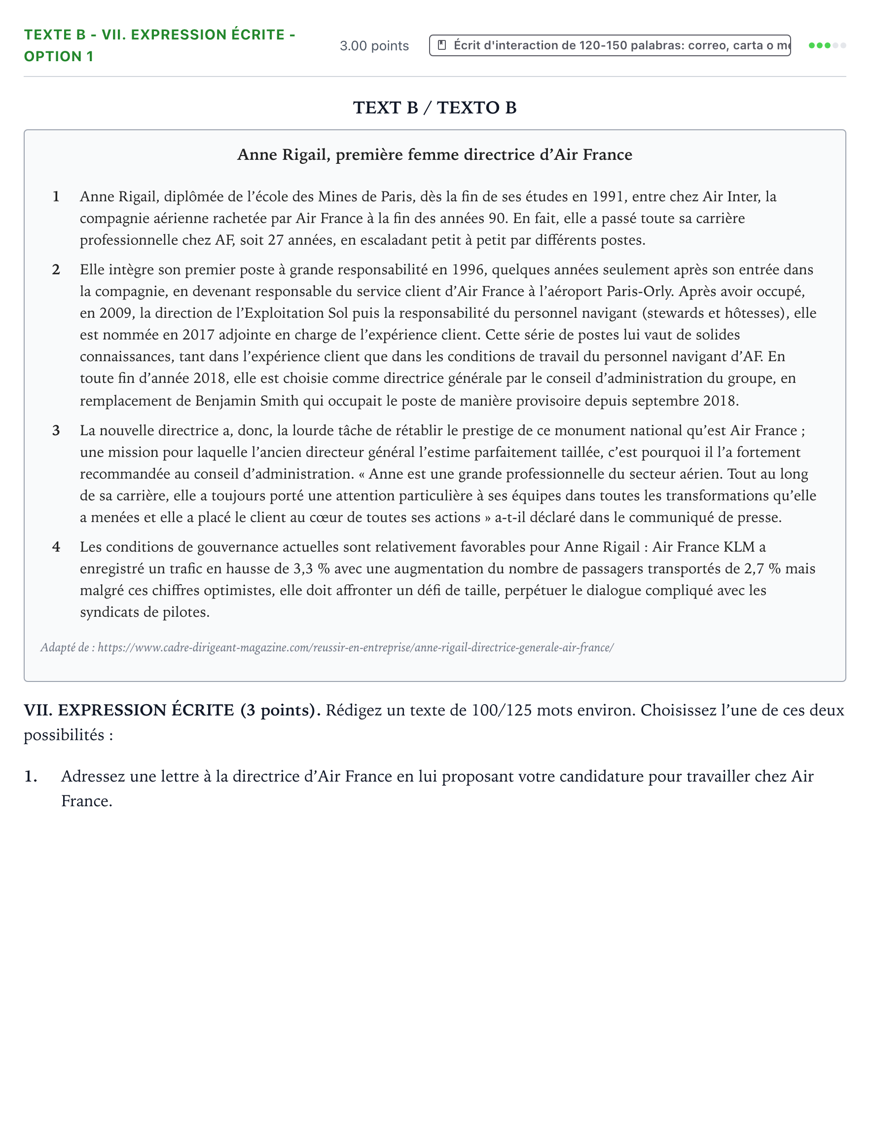 Enunciado: Ejercicio Texte B - VII. Expression écrite - Option 1 · Francés PAU Valencia Extraordinaria 2021