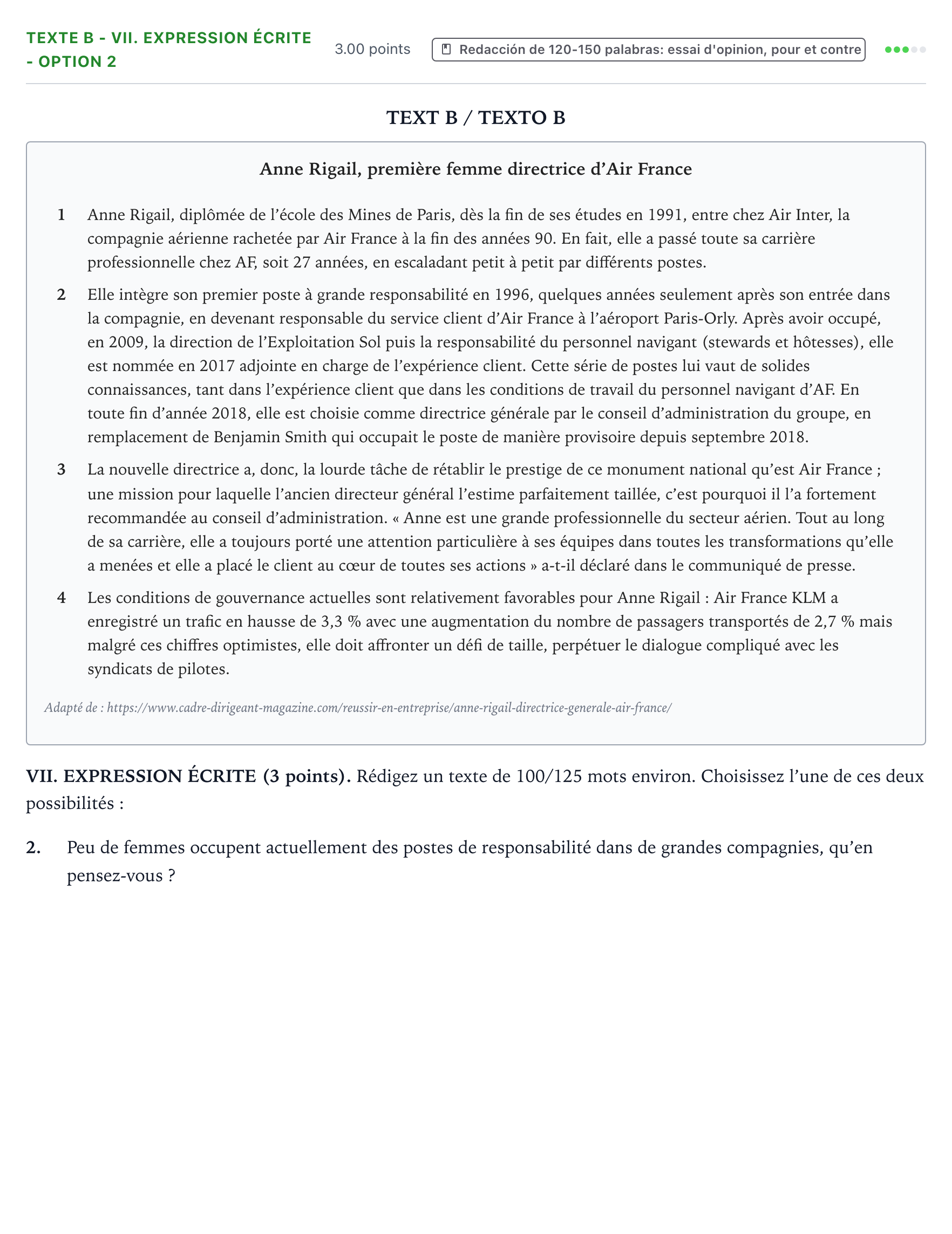 Enunciado: Ejercicio Texte B - VII. Expression écrite - Option 2 · Francés PAU Valencia Extraordinaria 2021