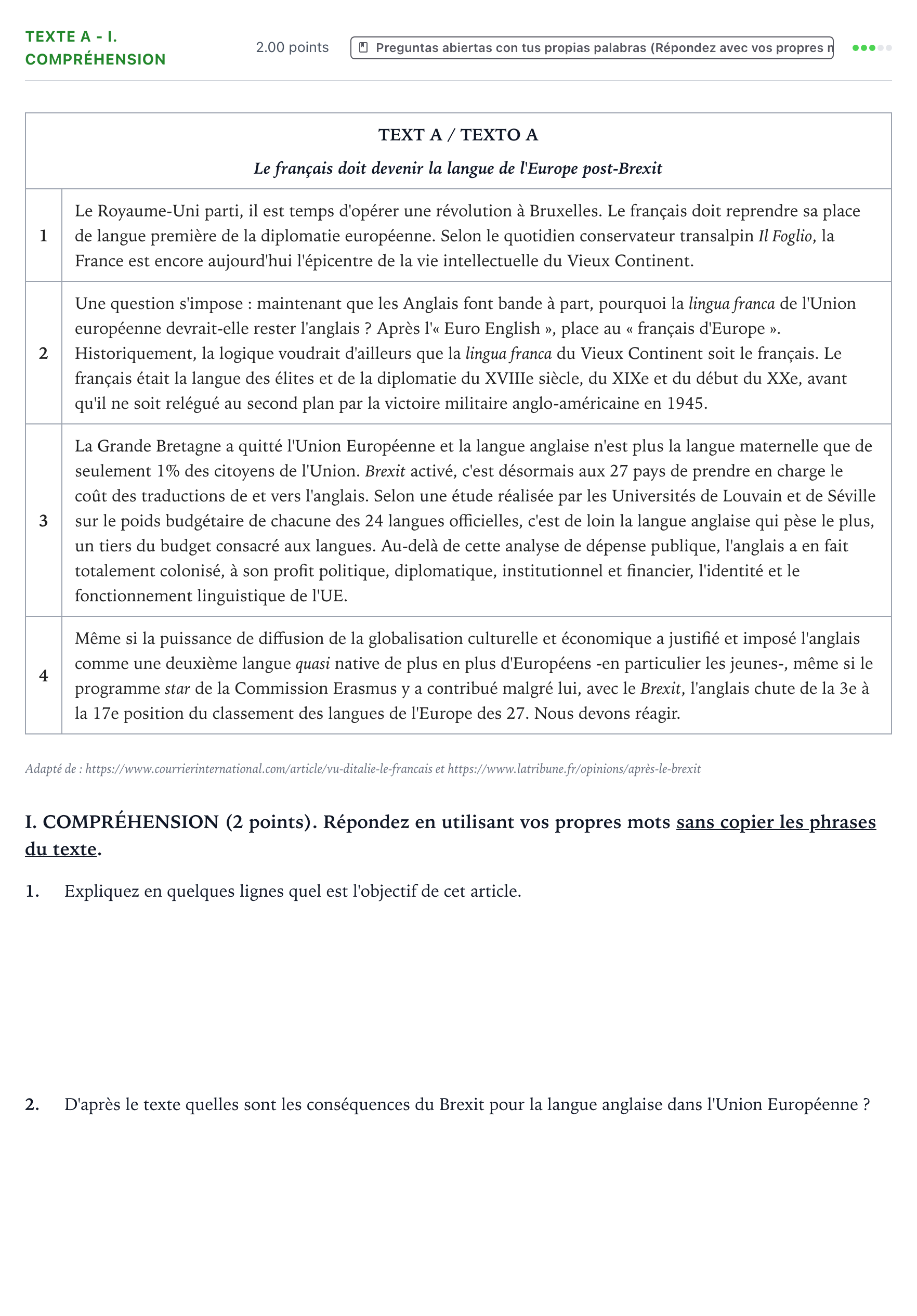 Enunciado: Ejercicio Texte A - I. Compréhension · Francés PAU Valencia Ordinaria 2021