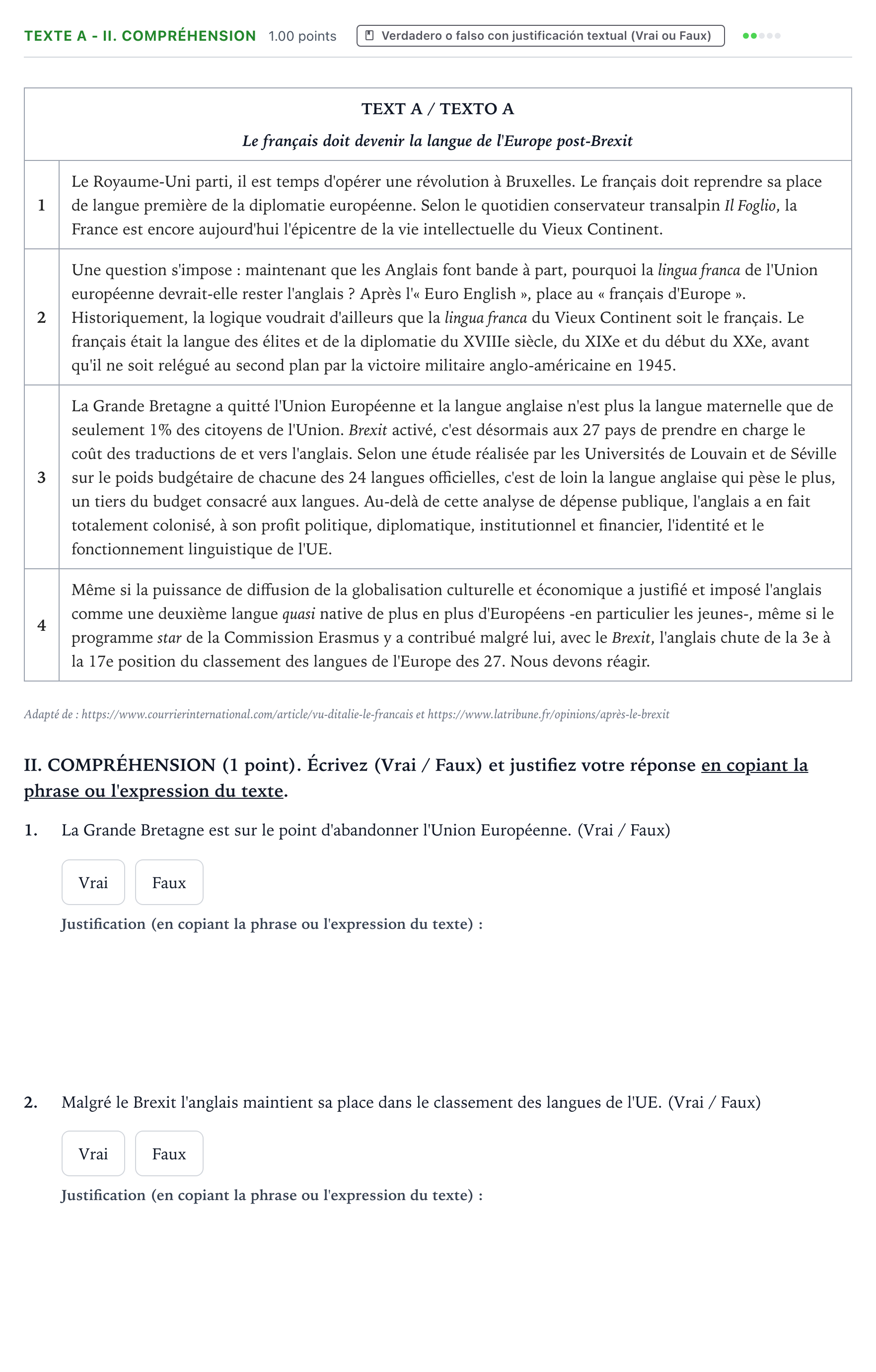 Enunciado: Ejercicio Texte A - II. Compréhension · Francés PAU Valencia Ordinaria 2021
