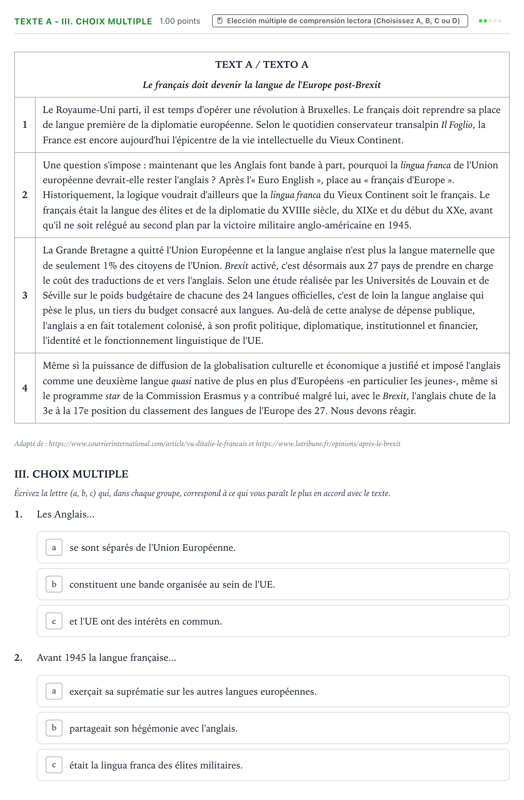 Enunciado: Ejercicio Texte A - III. Choix multiple · Francés PAU Valencia Ordinaria 2021