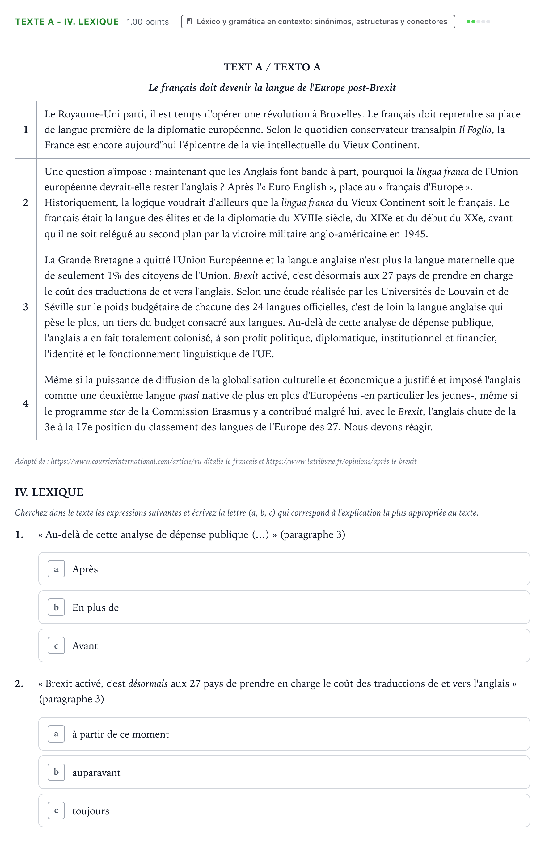 Enunciado: Ejercicio Texte A - IV. Lexique · Francés PAU Valencia Ordinaria 2021