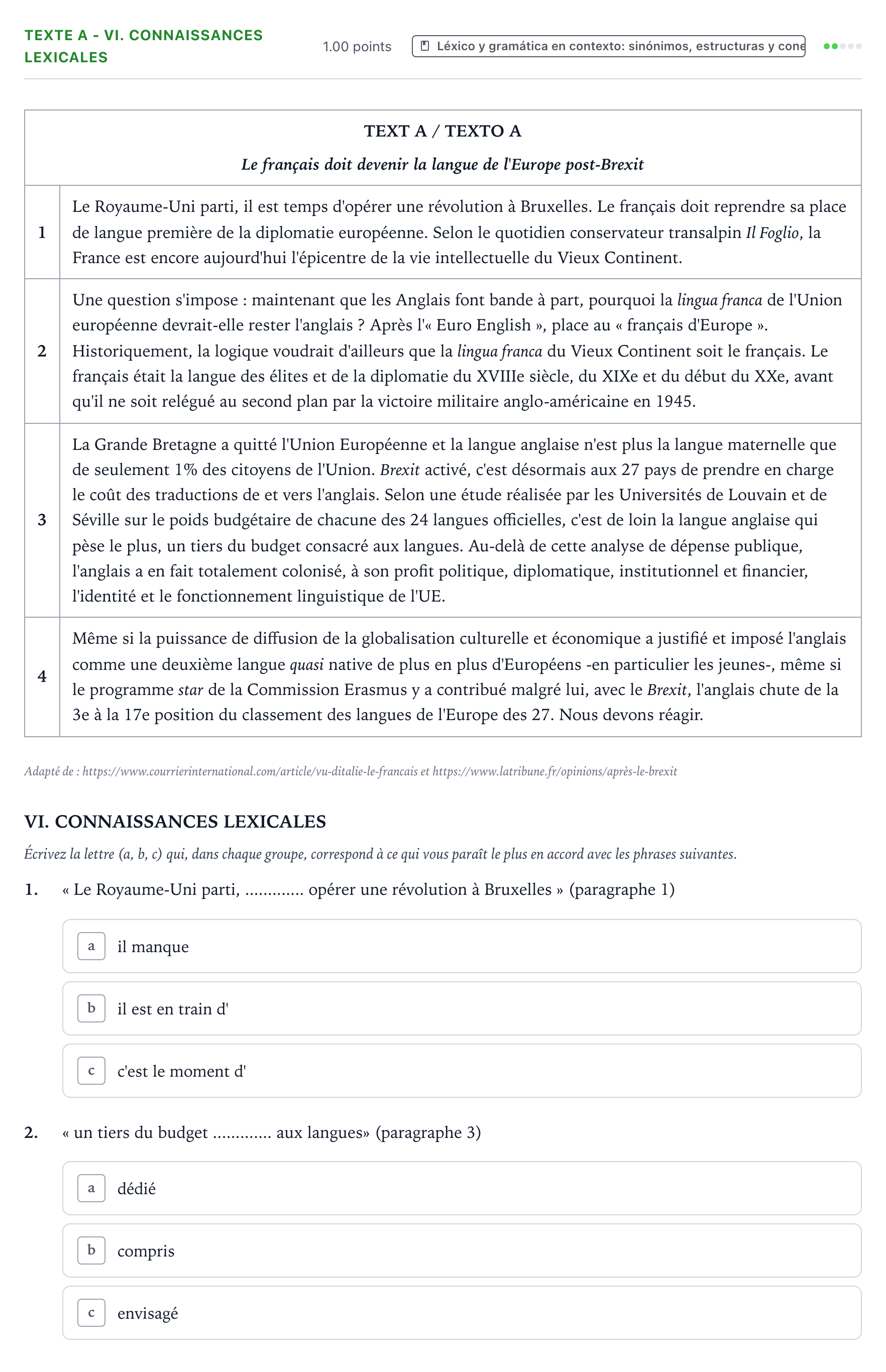 Enunciado: Ejercicio Texte A - VI. Connaissances lexicales · Francés PAU Valencia Ordinaria 2021