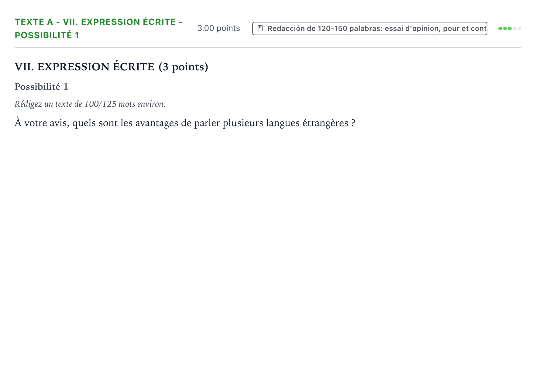 Enunciado: Ejercicio Texte A - VII. Expression écrite - Possibilité 1 · Francés PAU Valencia Ordinaria 2021