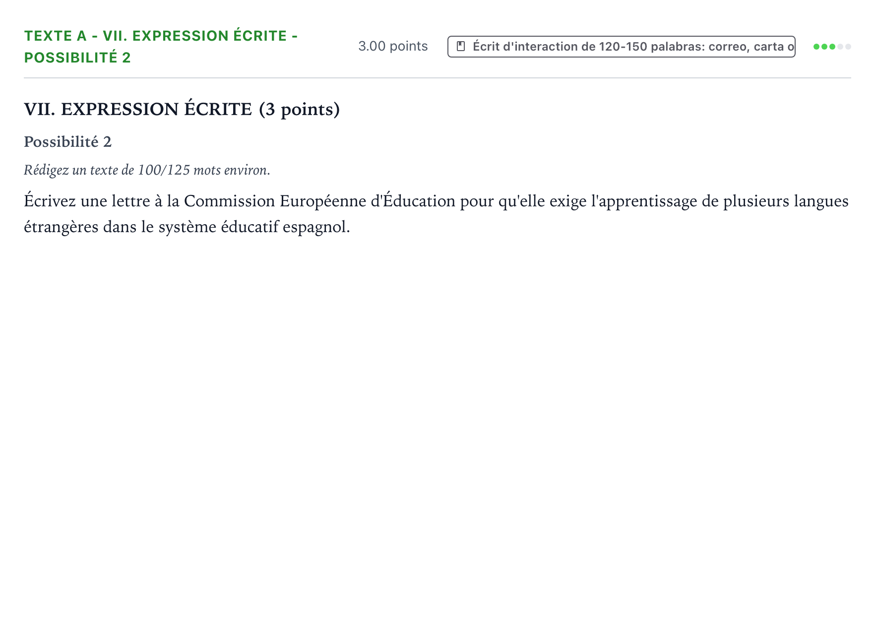 Enunciado: Ejercicio Texte A - VII. Expression écrite - Possibilité 2 · Francés PAU Valencia Ordinaria 2021