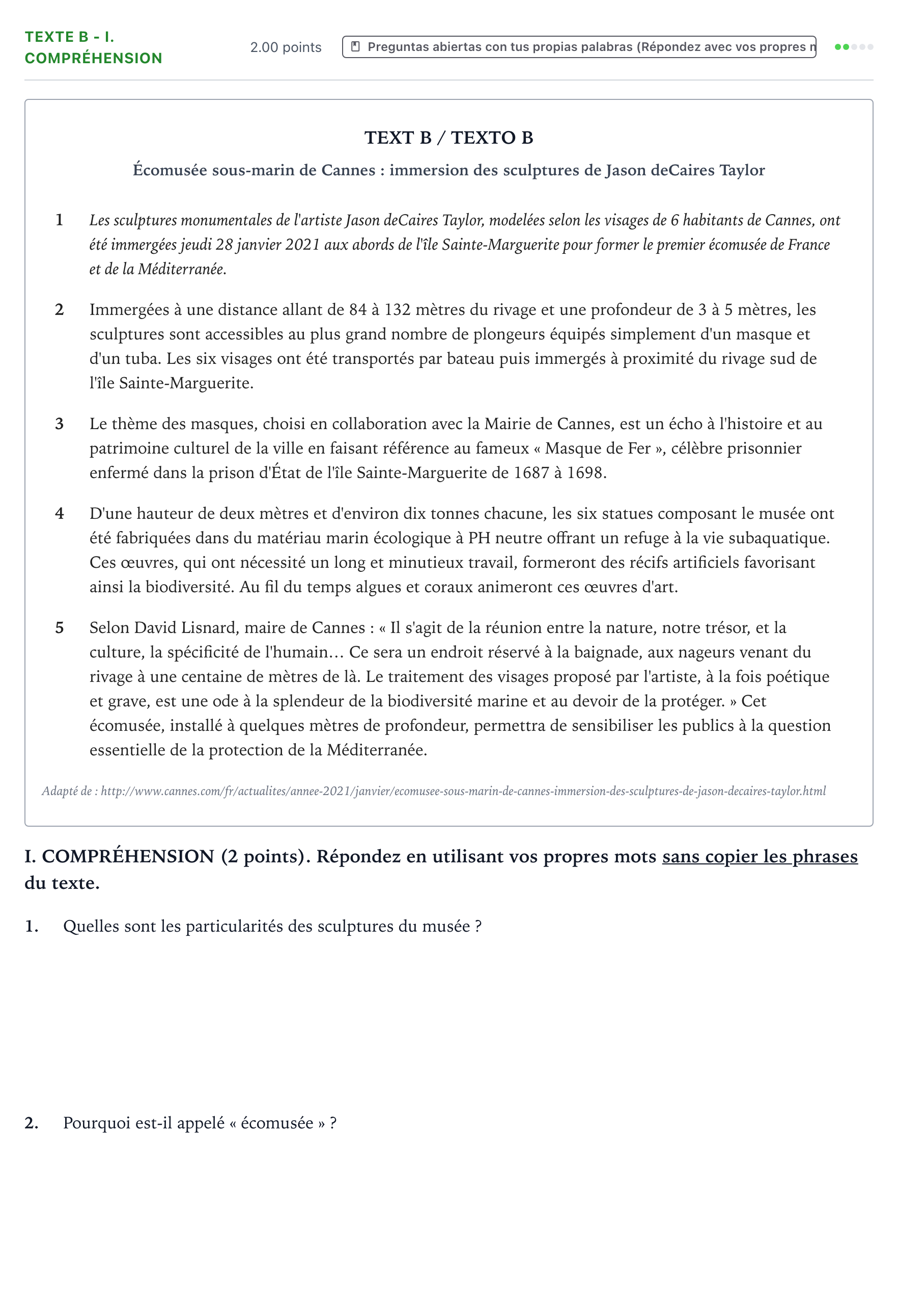 Enunciado: Ejercicio Texte B - I. Compréhension · Francés PAU Valencia Ordinaria 2021