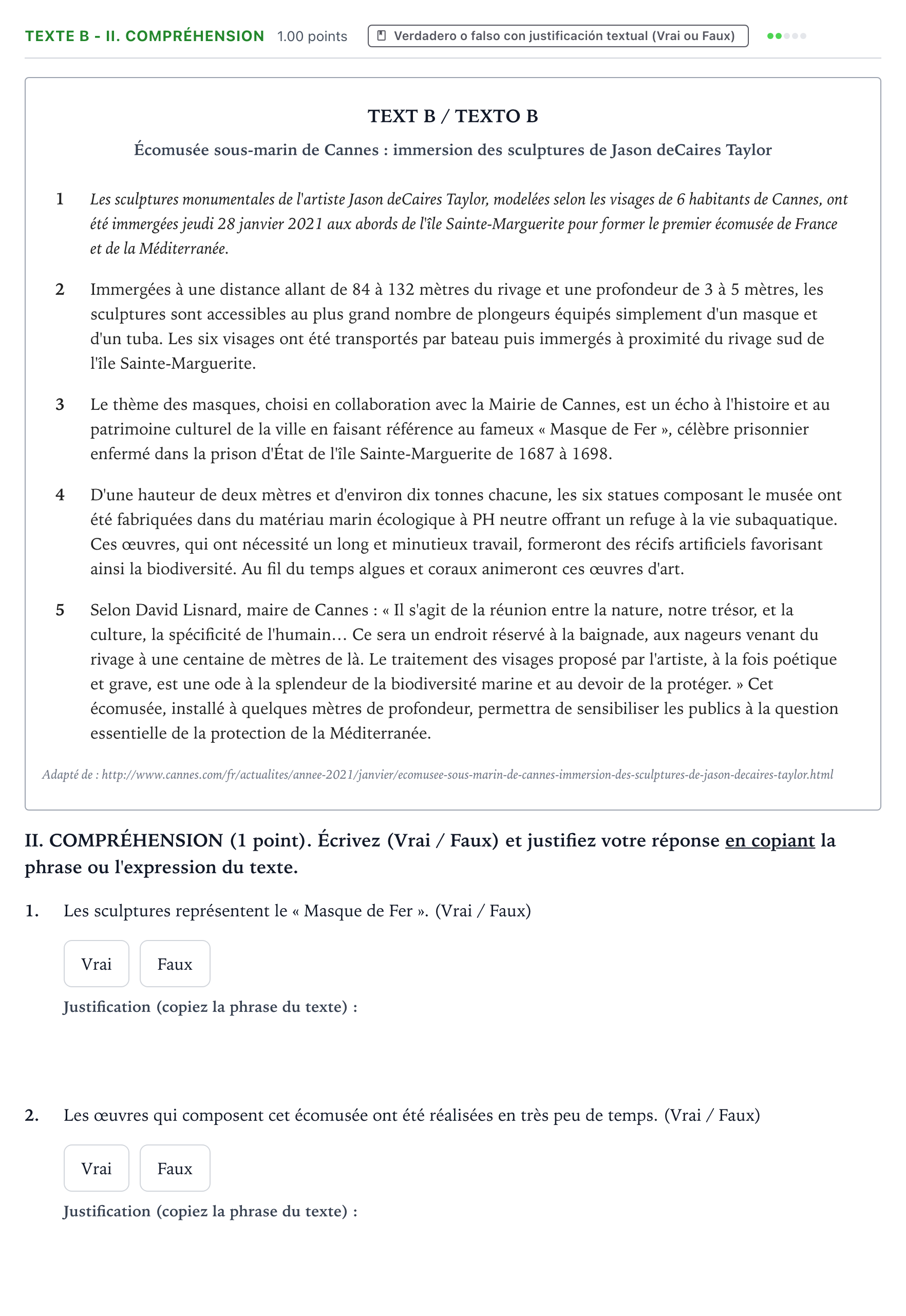 Enunciado: Ejercicio Texte B - II. Compréhension · Francés PAU Valencia Ordinaria 2021