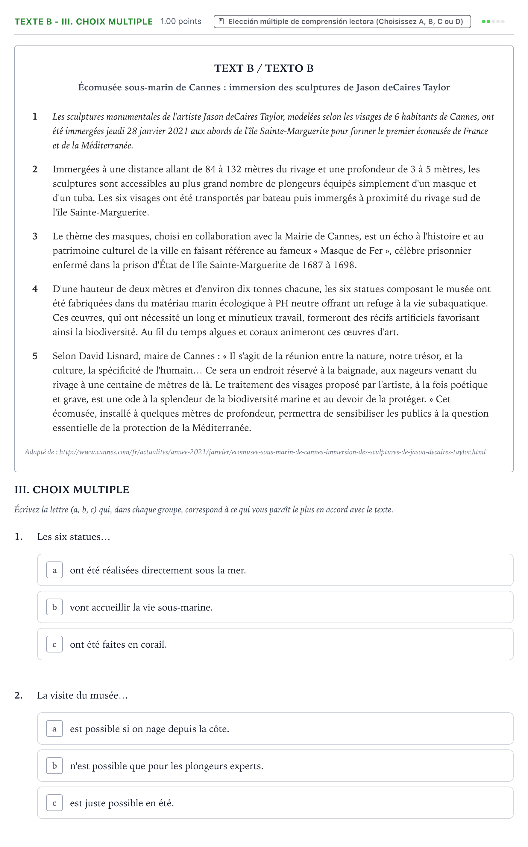 Enunciado: Ejercicio Texte B - III. Choix multiple · Francés PAU Valencia Ordinaria 2021