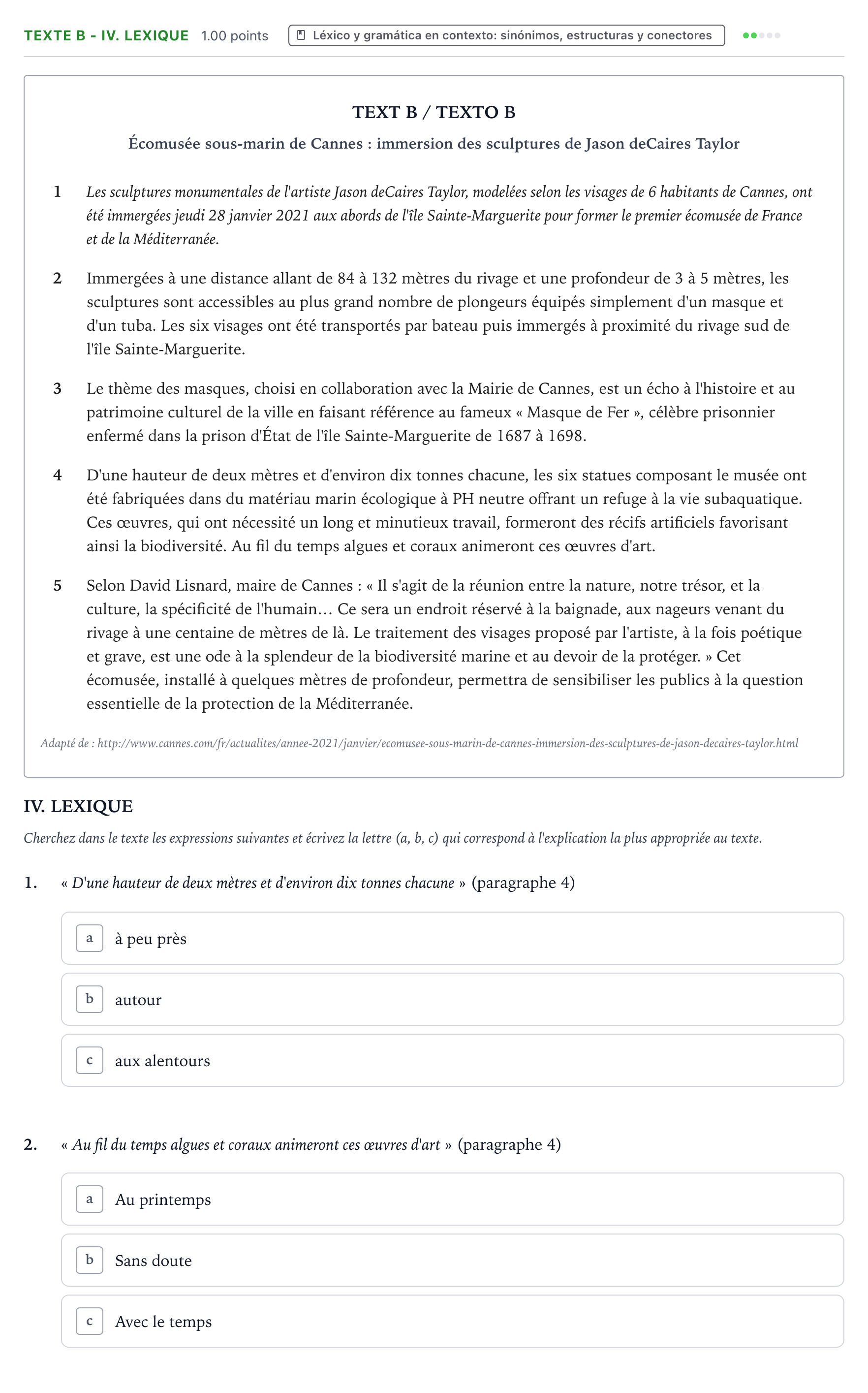 Enunciado: Ejercicio Texte B - IV. Lexique · Francés PAU Valencia Ordinaria 2021