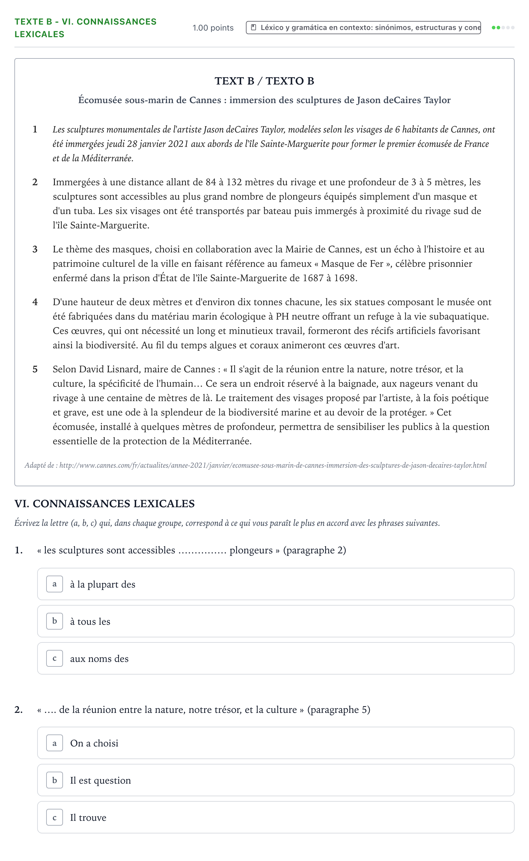 Enunciado: Ejercicio Texte B - VI. Connaissances lexicales · Francés PAU Valencia Ordinaria 2021
