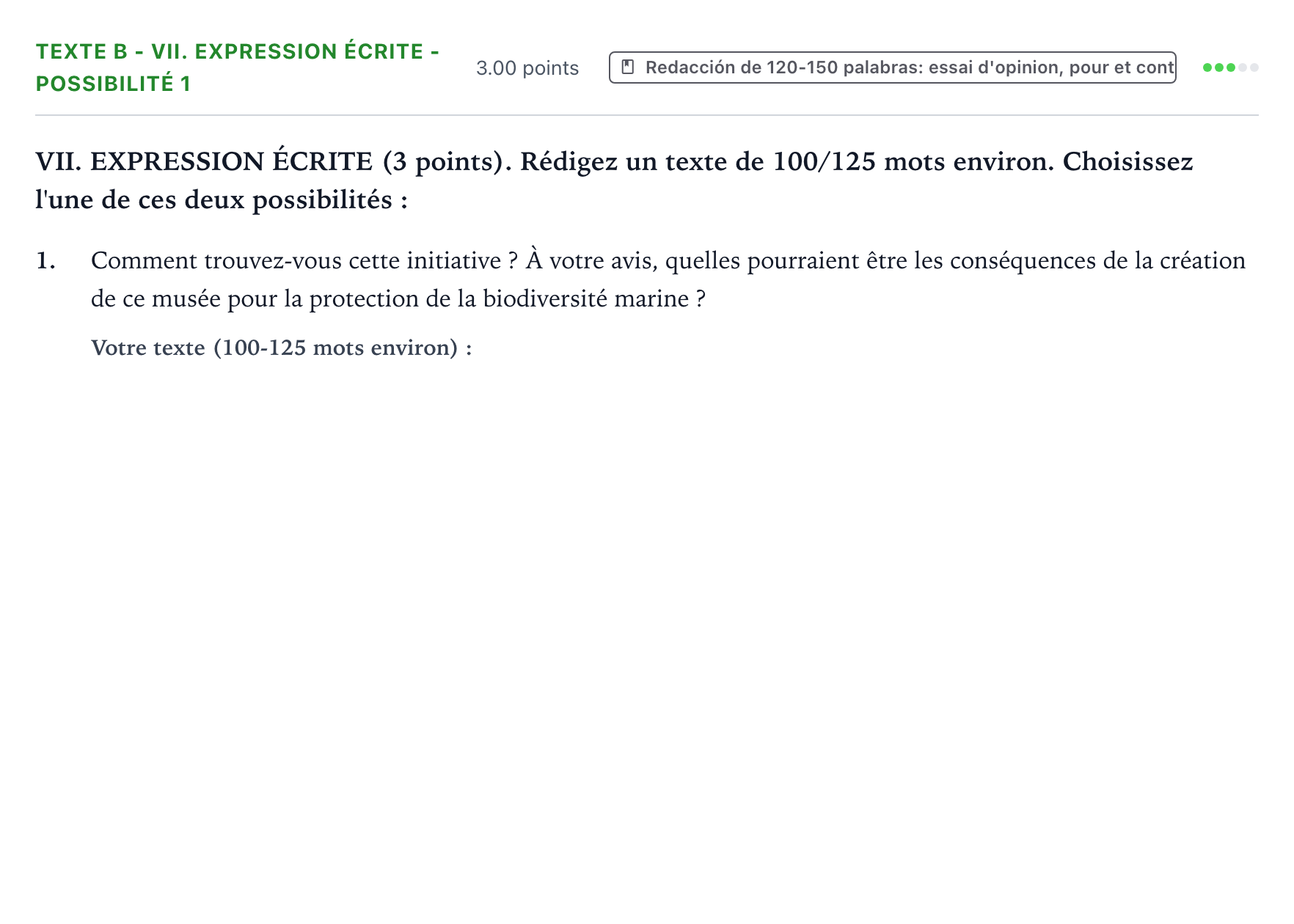 Enunciado: Ejercicio Texte B - VII. Expression écrite - Possibilité 1 · Francés PAU Valencia Ordinaria 2021