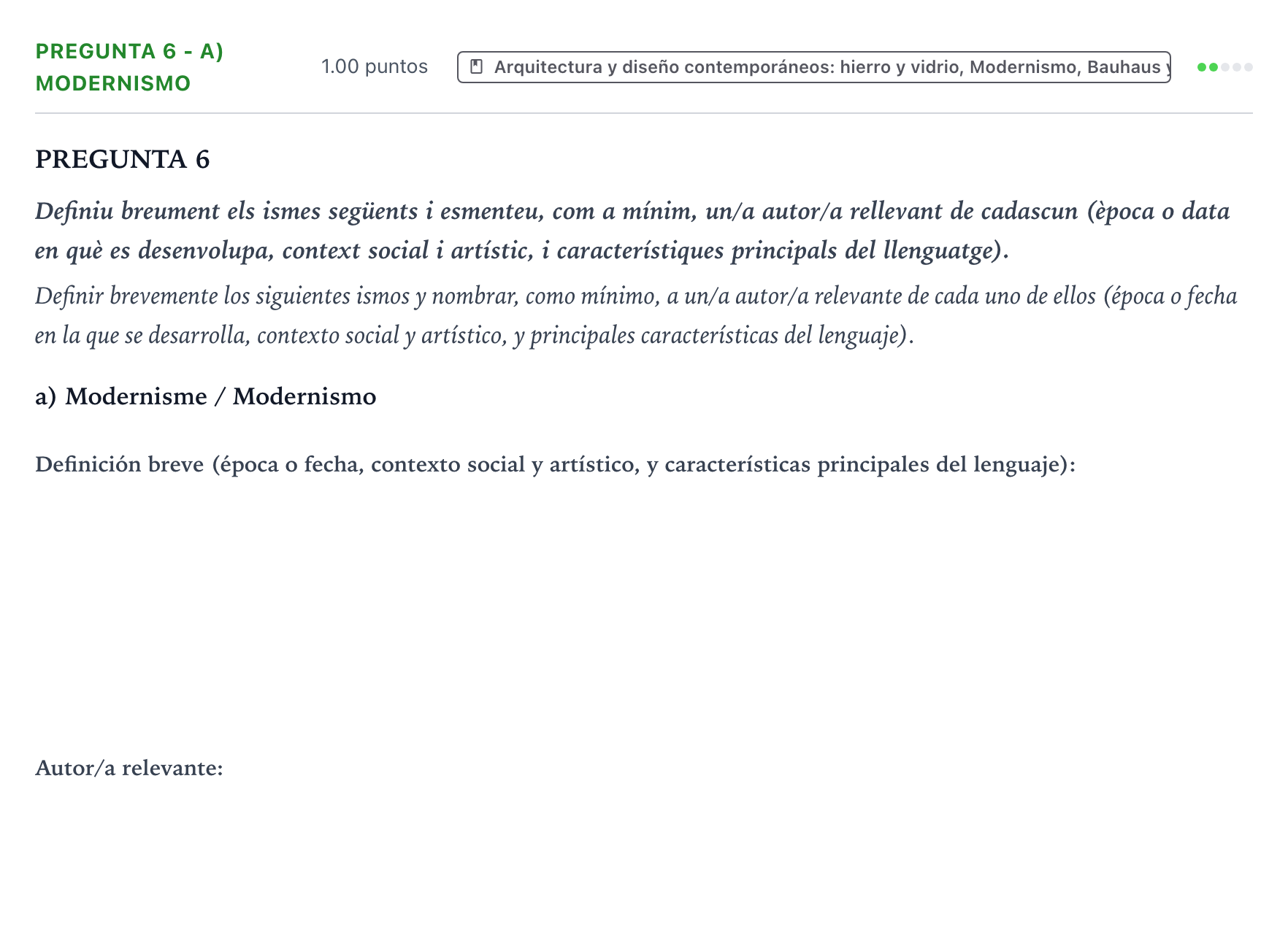 Enunciado: Pregunta 6 - a) Modernismo · Fundamentos Artísticos PAU Valencia Extraordinaria 2021