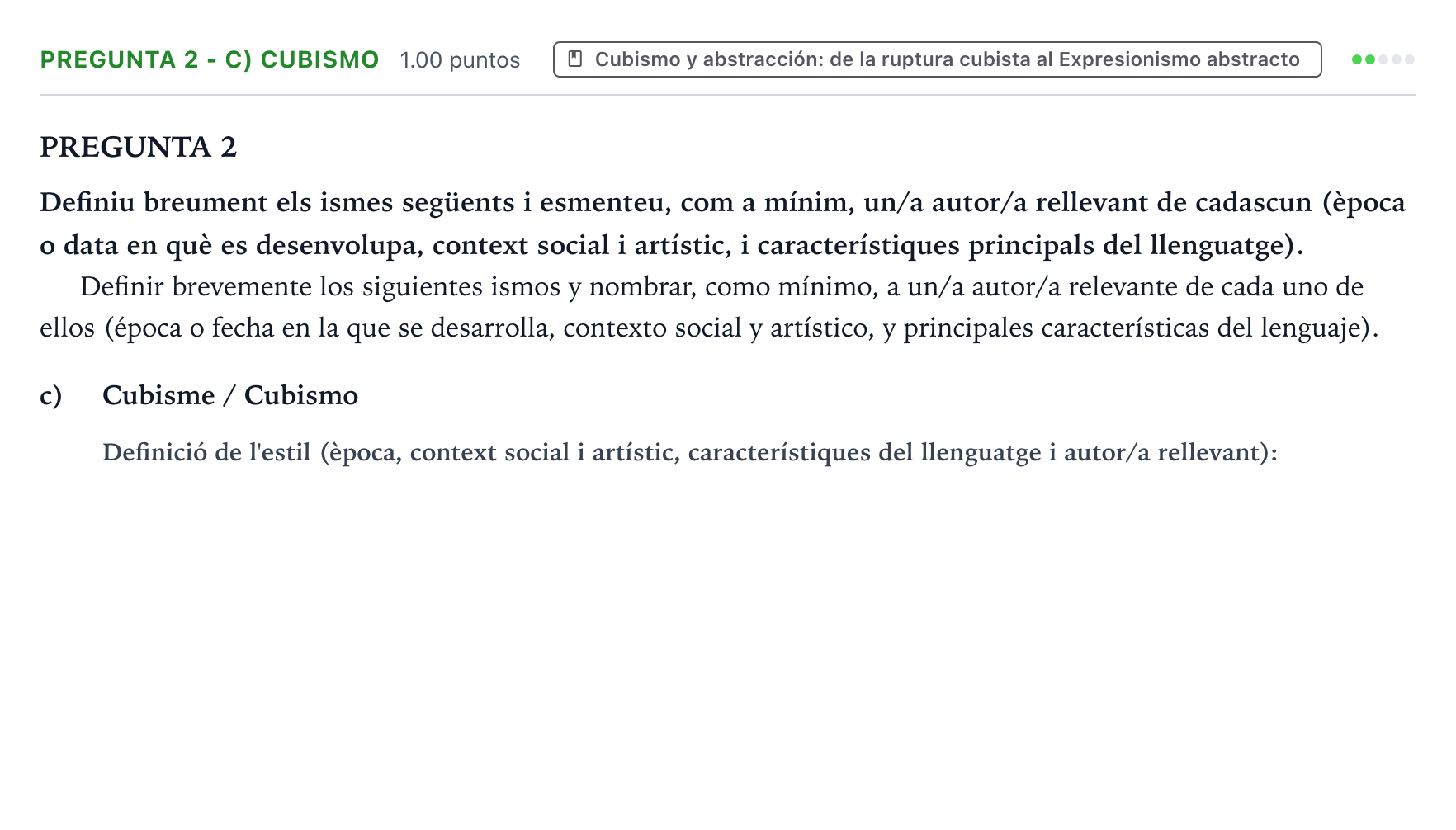 Enunciado: Pregunta 2 - c) Cubismo · Fundamentos Artísticos PAU Valencia Ordinaria 2021