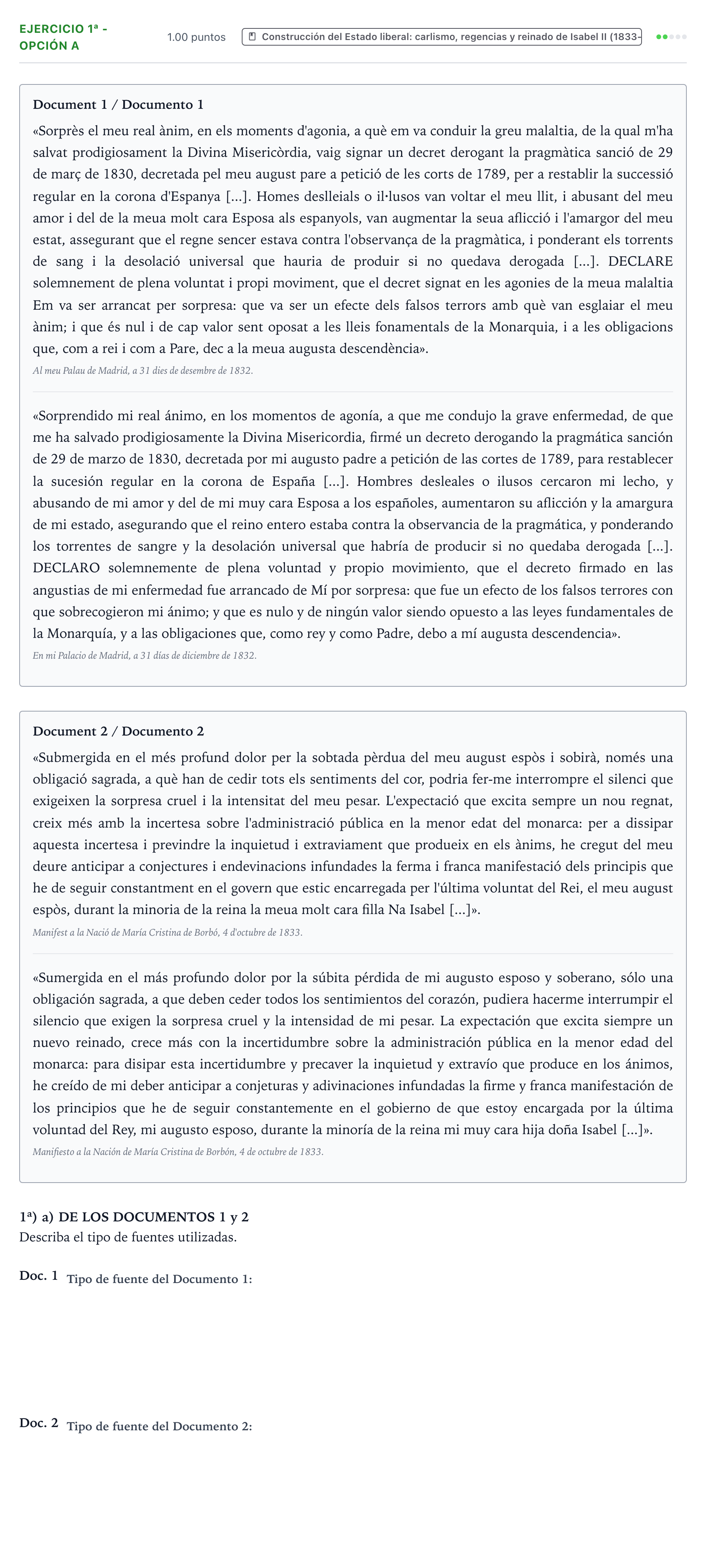 Enunciado: Ejercicio 1ª - Opción a · Historia de España PAU Valencia Extraordinaria 2021