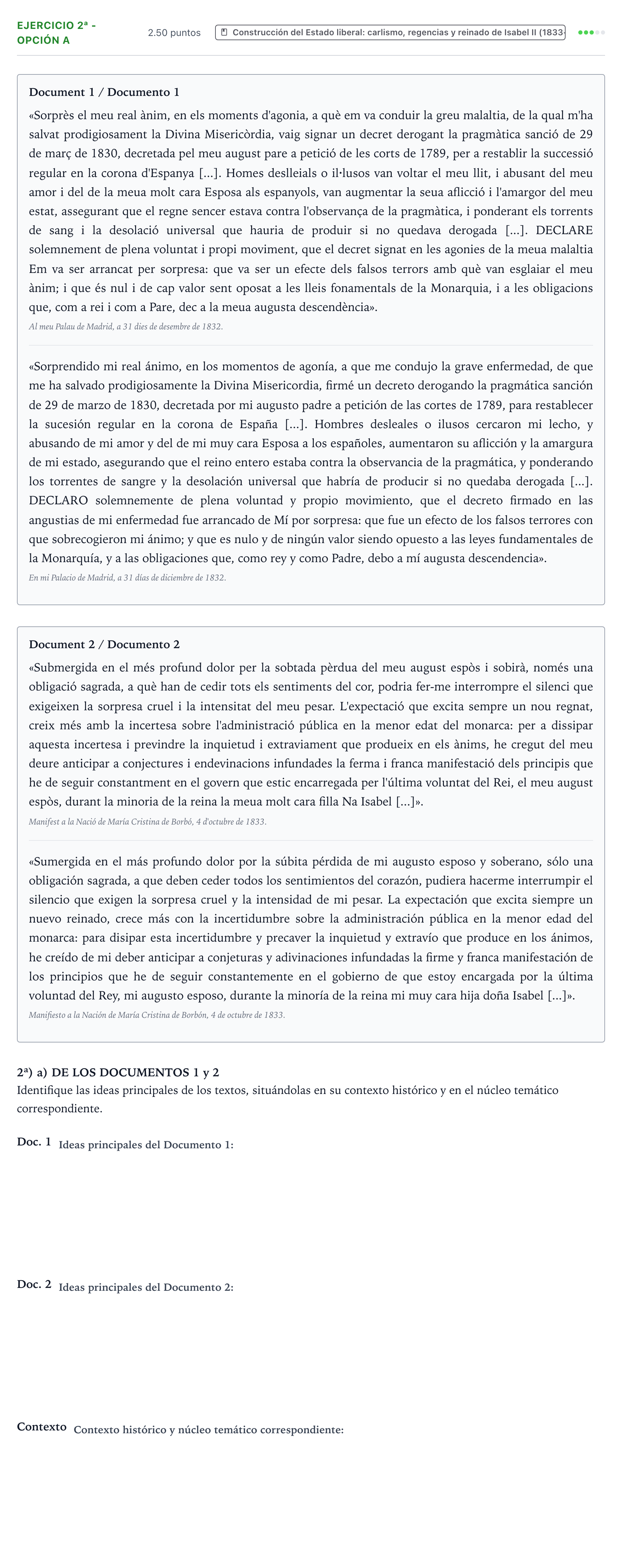 Enunciado: Ejercicio 2ª - Opción a · Historia de España PAU Valencia Extraordinaria 2021